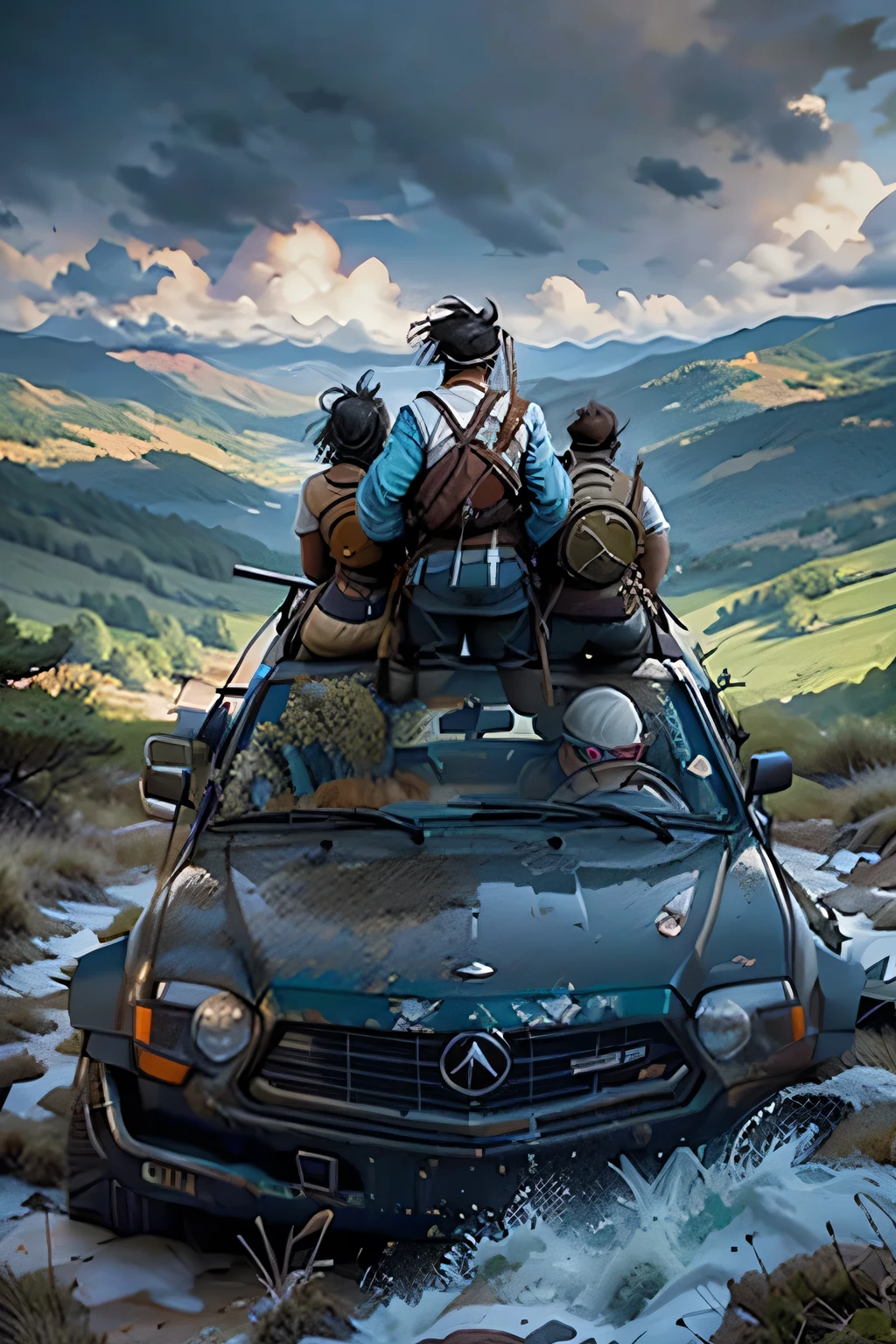 5 warriors and backs on top of a mountain looking at the horizon next to each other