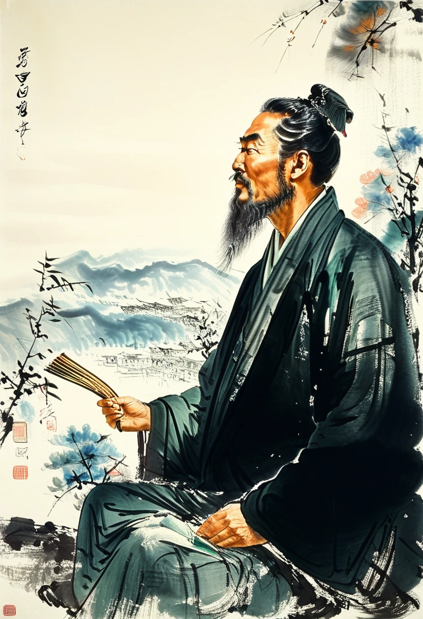 Li Bai Images, Famous Tang Dynasty poets, Imitating Fu Baoshi, Use bold and expressive brushstrokes, Capturing his wild and romantic nature. He should be standing in the mountains, He holds the scroll,Excited expression on face.