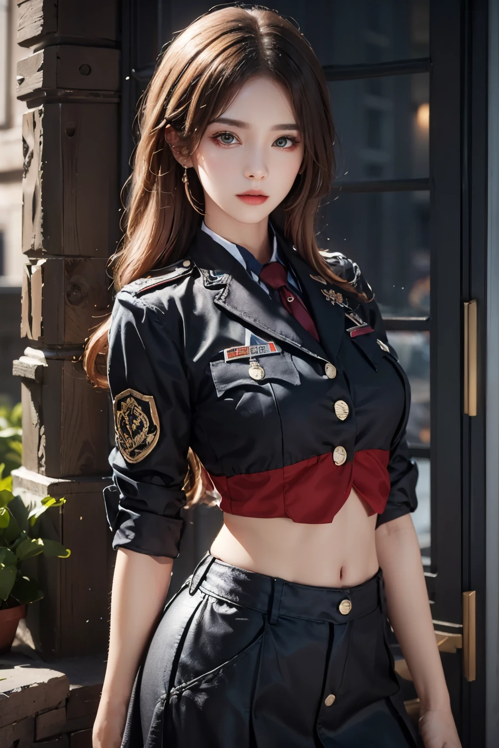 ((best quality)), ((Masterpiece)), (details:1.4), 3d,, HDR (high dynamic range), 1women, ผมหางม้าสูง, Red hair, Red eyes, PBR surface, After processing, Anisotropic filtration,depth of field, Maximum clarity and clarity, multi-layered surface, perfect proportions, 8K raw files, at night, ผมหลายชั้น, Short skirt, military uniform, jacket, shirt, 