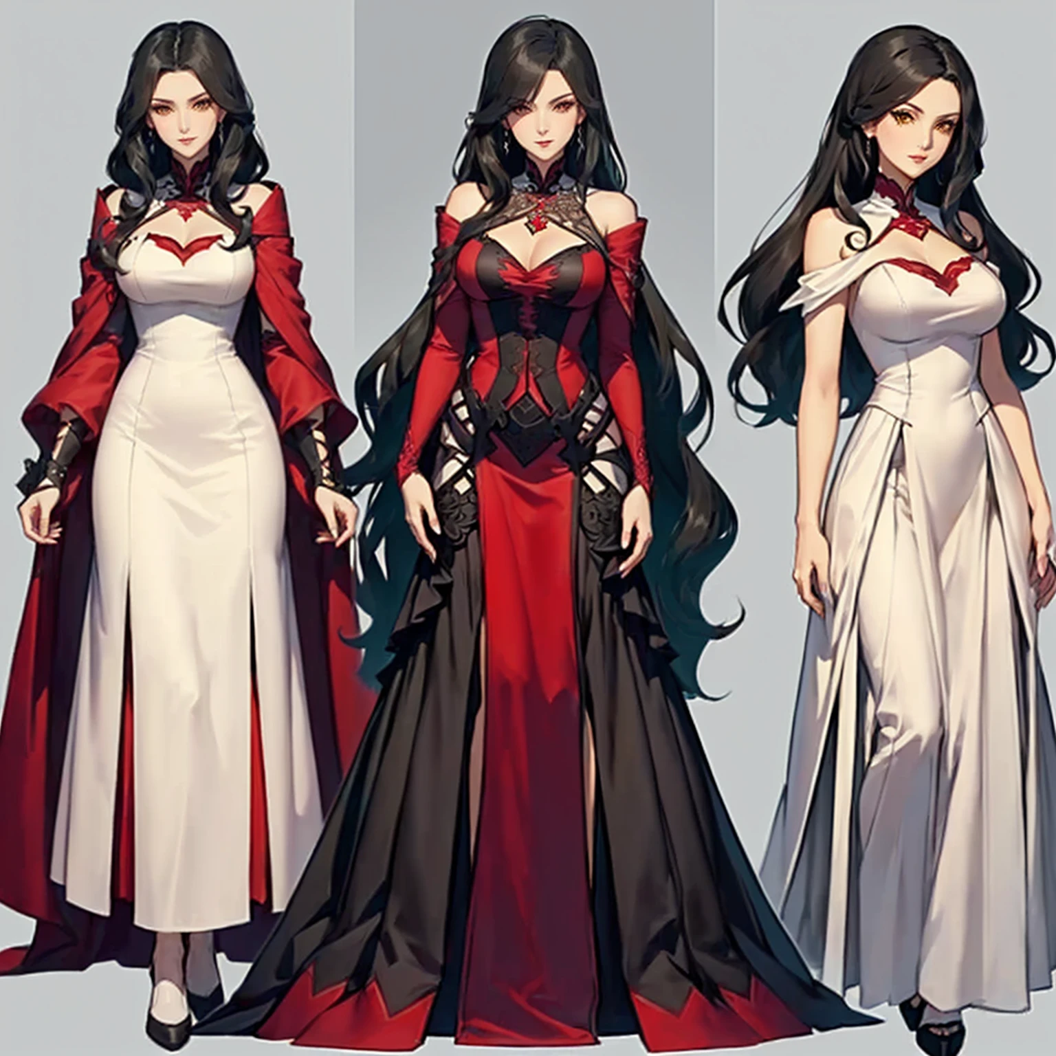 three different views of a woman in a long dress and a cape, Carmilla Vampira, vampire fashion, beautiful full-body concept art, ( ( concept character art ) ), full body xianxia, Rin Tohsaka, crimson clothes, cushart krenz arte chave feminino, crimson attire, royal attire akira, characters from azur lane, astral witch clothes