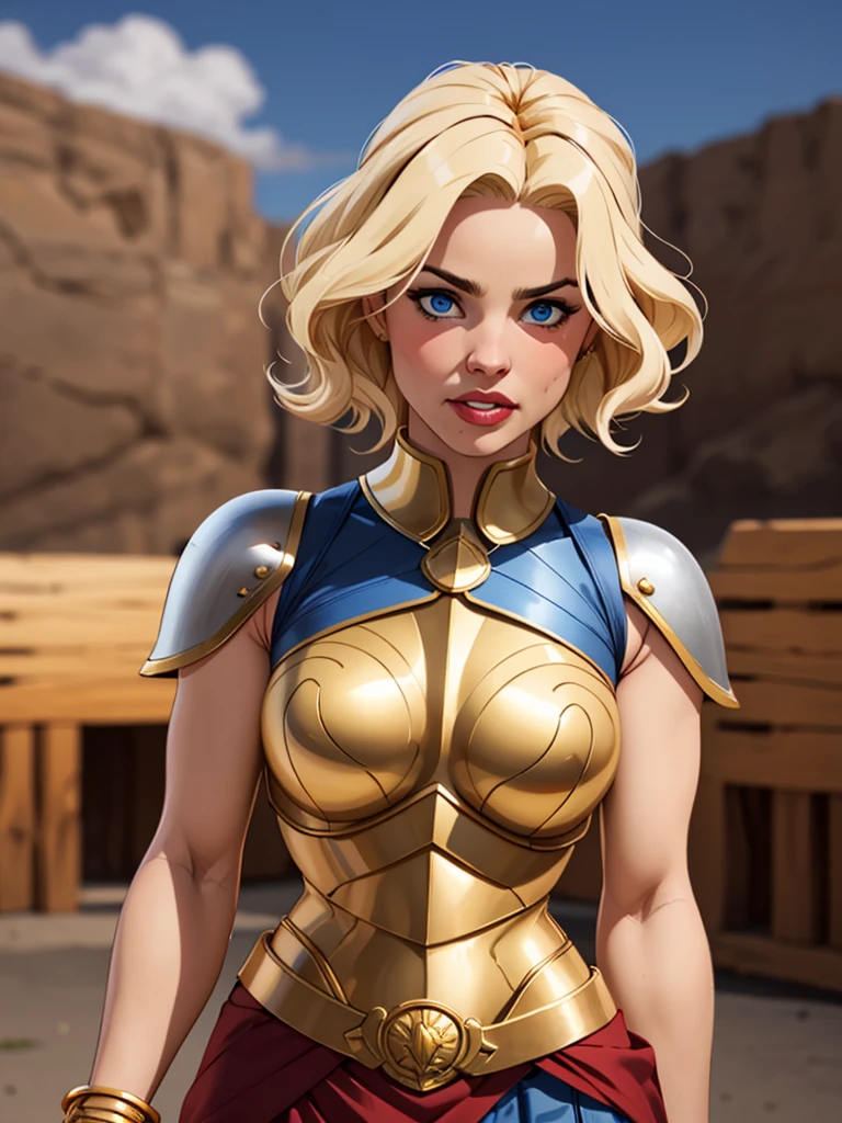 Hot blonde girl, with short hair, blue eyes, Wearing a bronze-colored breastplate, wearing golden bracelets, wearing a blue-colored gladiator skirt, wearing a tiara fixed on her forehead