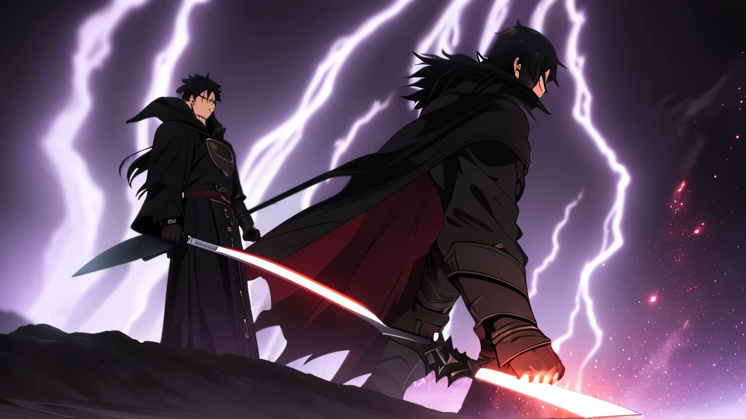 "Illustrate an epic confrontation between Kael, a formidable dark mage, and Markus, a skilled swordsman. Kael, with a dark, imposing presence, is casting powerful spells, his hands emanating swirling black and purple energy. His billow dramatically, and his eyes glow with an intense, otherworldly light.
Opposite him, Markus stands firm, his black hair whipping in the wind. He wields a massive sword, its blade glowing red-hot from the heat of the volcano where it was forged. Markus' expression is one of steely determination as he prepares to clash with the dark mage.
The background should be a desolate, battle-scarred landscape, with craters and fissures in the earth. Ominous clouds loom overhead, and flashes of dark magic illuminate the scene. The atmosphere should be charged with tension and the imminent clash of these two powerful forces."