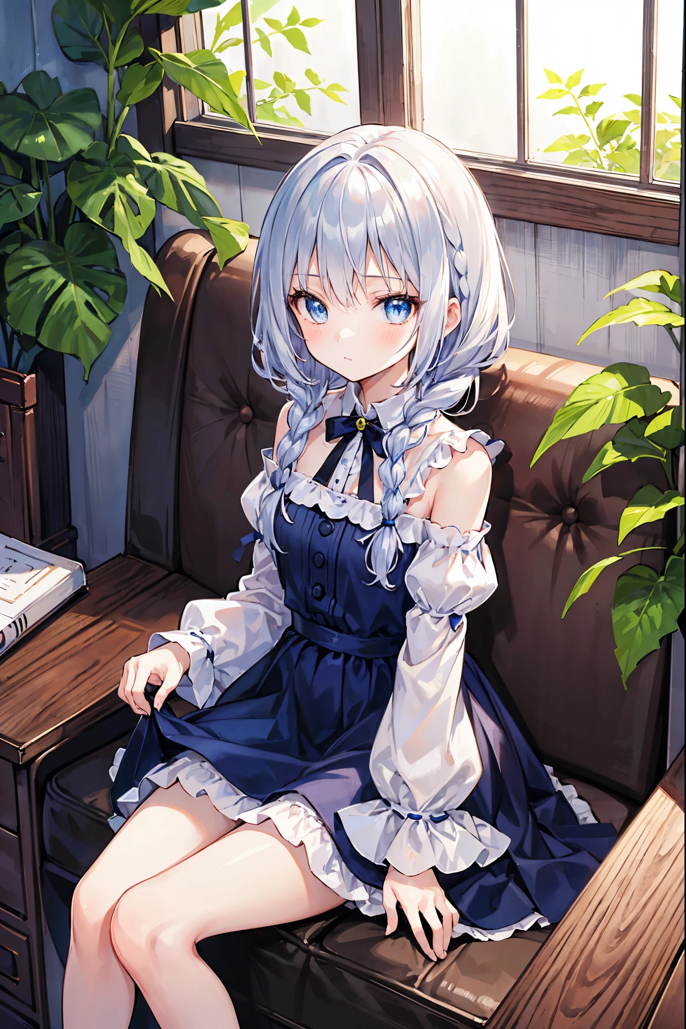 masterpiece, Highest quality, High resolution, 8-year-old girl、blue eyes、
Silver Hair, Braiding、Jet black ruffled dress, Shoulder puff sleeves、flare skirt、Long skirt、Western-style building、Sit by the window