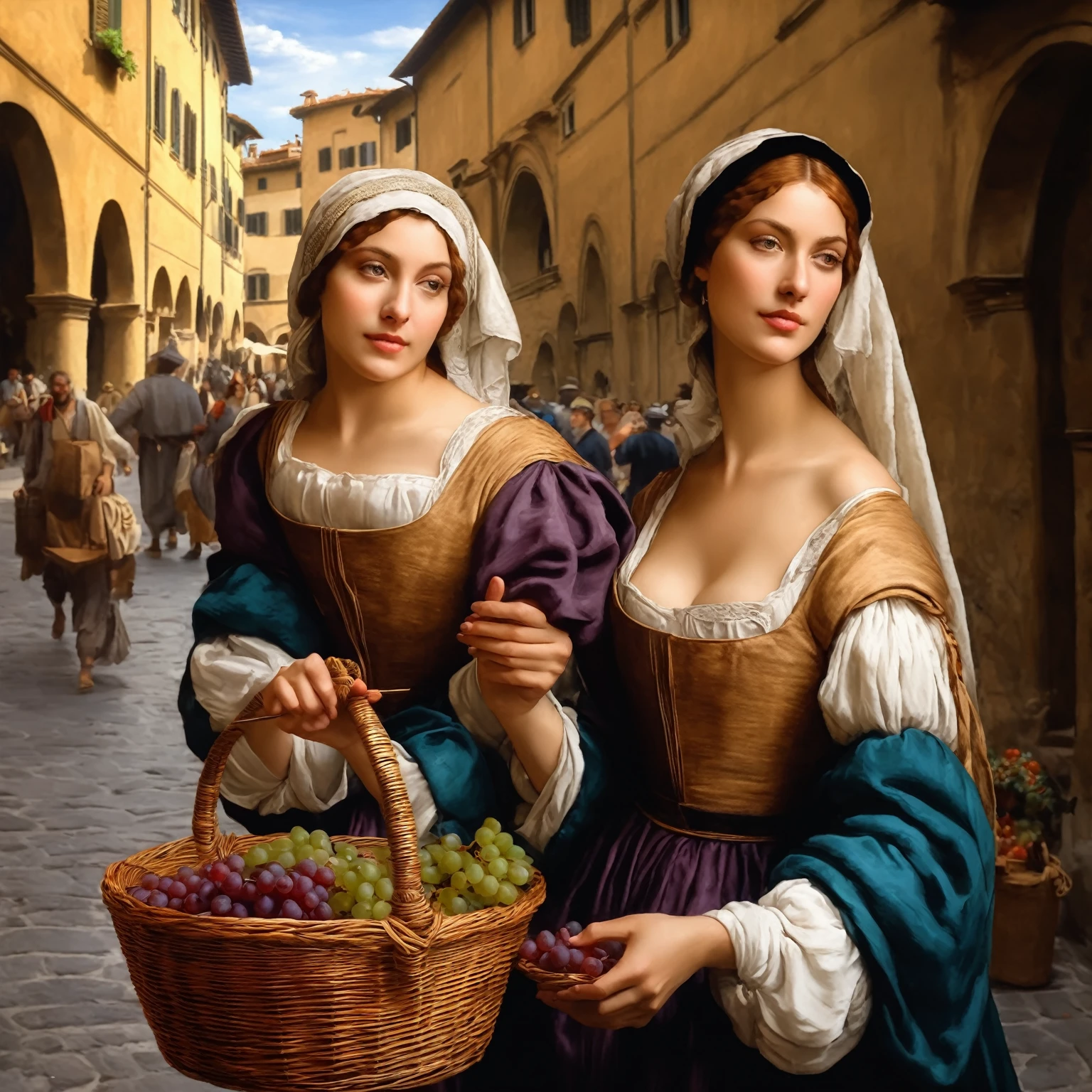 A picture depicting a street artist paints a peasant woman, with a basket full of grapes, on one of the streets of Florence in 1524., renaissance digital painting, in a renaissance style, in the high renaissance style, живопись in a renaissance style, in a renaissance style, based on Filippino Lippi, в Carlo People, In the style of da Vinci, Renaissance painting style, Realistic portrait of the Renaissance, Renaissance Art style, Renaissance oil painting, Renaissance Art
