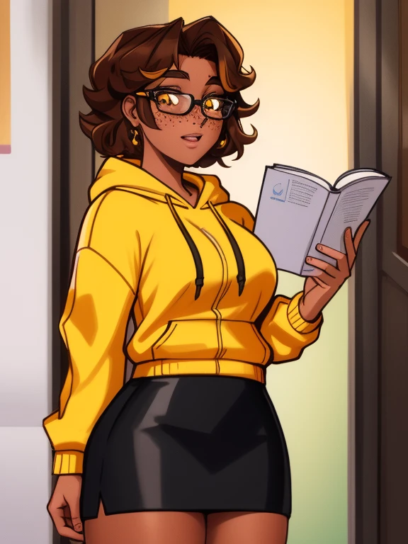 Masterpiece,8k, perfect face highly detailed,HDR, ultra realistic photoshoot, absurdres,award winning photo, extremely detailed, amazing, fine detail, 1girl, solo, 20 year old college student, she has tan-bronze skin with some freckles, short curly black hair with orange highlights, amber colored eyes, (she's wearing a yellow hoodie, black pencil skirt, reading glasses)
