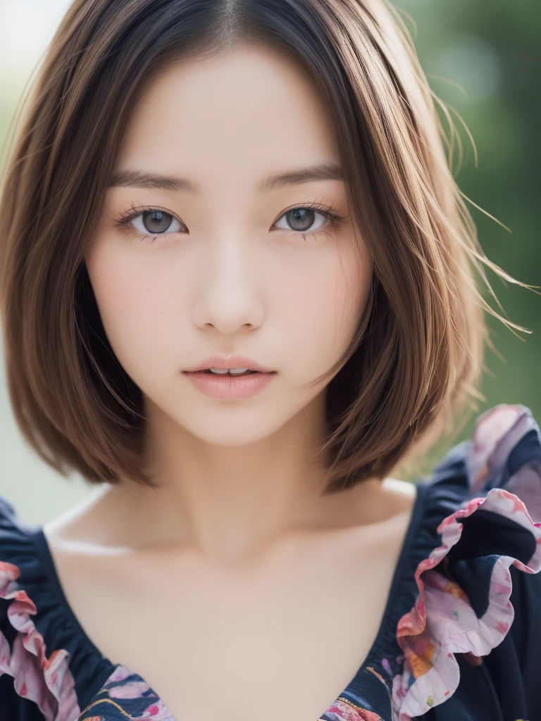 ((of the highest quality, 8K, masutepiece: 1.3)), Women (Full body portrait, front, multicolored frill dress, Big breasts, cleavage, In the Magic Mirror), Overhead camera, Sharp Focus: 1.2, prety woman: 1.4, ((girlish Hairstyle)), Highly detailed face and skin and hair texture, Detailed eyes, Double eyelids, White skin, beautiful delicate nose, Cute young Japan woman, 20 years old, while emphasizing the theme、pleasing to the eye、tome'thought-provoking composition., Eyes, Mouth and behavior, The contrast between light and shadow creates a unique sense of sadness...、Dynamic angle background blur
