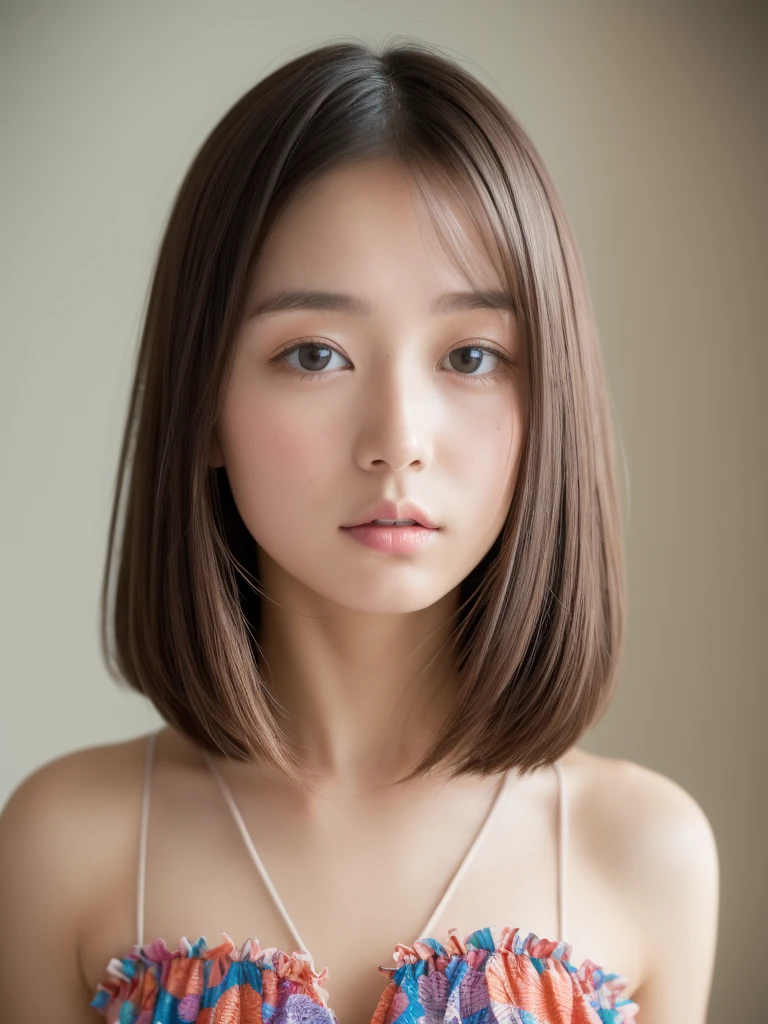 ((of the highest quality, 8K, masutepiece: 1.3)), Women (Full body portrait, front, multicolored frill dress, Big breasts, cleavage, In the Magic Mirror), Overhead camera, Sharp Focus: 1.2, prety woman: 1.4, ((girlish Hairstyle)), Highly detailed face and skin and hair texture, Detailed eyes, Double eyelids, White skin, beautiful delicate nose, Cute young Japan woman, 20 years old, while emphasizing the theme、pleasing to the eye、tome'thought-provoking composition., Eyes, Mouth and behavior, The contrast between light and shadow creates a unique sense of sadness...、Dynamic angle background blur