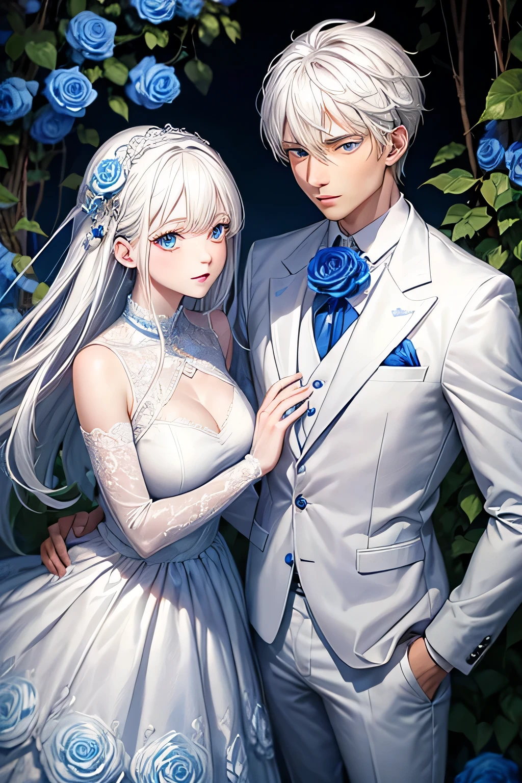 Couple, white hair, blue eyes, matching outfits, blue roses