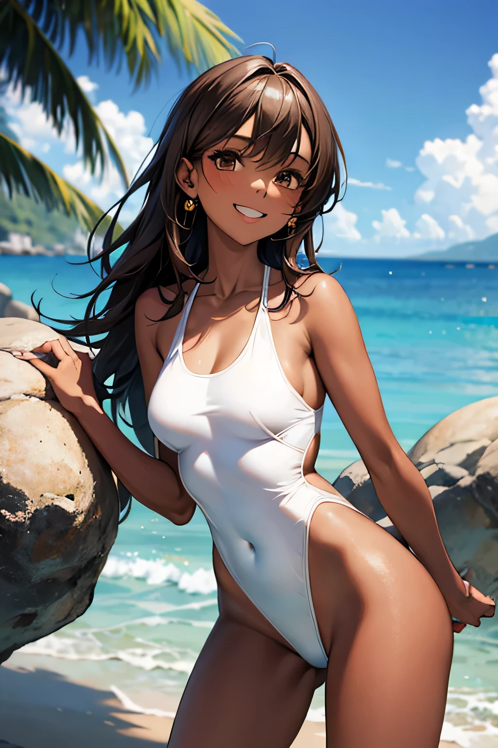 Ocean,Young Woman,The best smile,White swimsuit,Chocolate brown skin