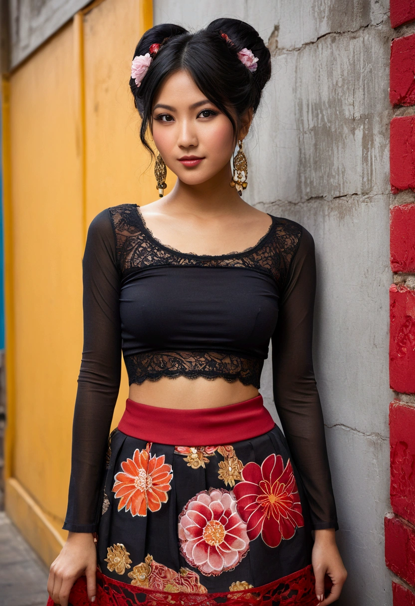A young woman who embodies a captivating blend of Mexican and Asian heritages, with a hint of rebellious charm. Her dark hair cascades down her back, drawing the eye to her vibrant half-updo adorned with a single, crimson chrysanthemum that complements her warm, golden-brown skin. Above the neckline, she is modestly covered by a shy, long-sleeved crop top that teases the observer with its sheer fabric, revealing glimpses of the intricate tattoo art that narrates her personal journey. The top is tied loosely at the front, allowing a sliver of her toned midriff to peek through, which is framed by the delicate lace of her half-exposed lingerie. Her bottom half is equally intriguing, with a skirt that flutters just above her knees, showcasing her playful side. The skirt, a fusion of traditional Japanese fabrics and bold Mexican patterns, is both elegant and playful, offering a tantalizing glimpse of her matching thigh-high stockings. Her underwear, a daring blend of red and black lace, is unapologetically visible beneath the skirt's sheer layers, creating an unexpected yet alluring contrast. Her posture is relaxed yet confident, leaning against a graffitied wall that mirrors the blend of cultures she represents. Her gaze is piercing, meeting the viewer's eyes with a coy smile that suggests she is fully aware of the effect she has. The scene is captured in a soft, warm light, casting flattering shadows that highlight her features and the intricate textures of her outfit. The background is a harmonious mix of Asian lanterns and Mexican street art, symbolizing the beautiful confluence of her dual identity. The overall composition exudes a sense of authenticity, empowerment, and a flair for the avant-garde. Character design style V2