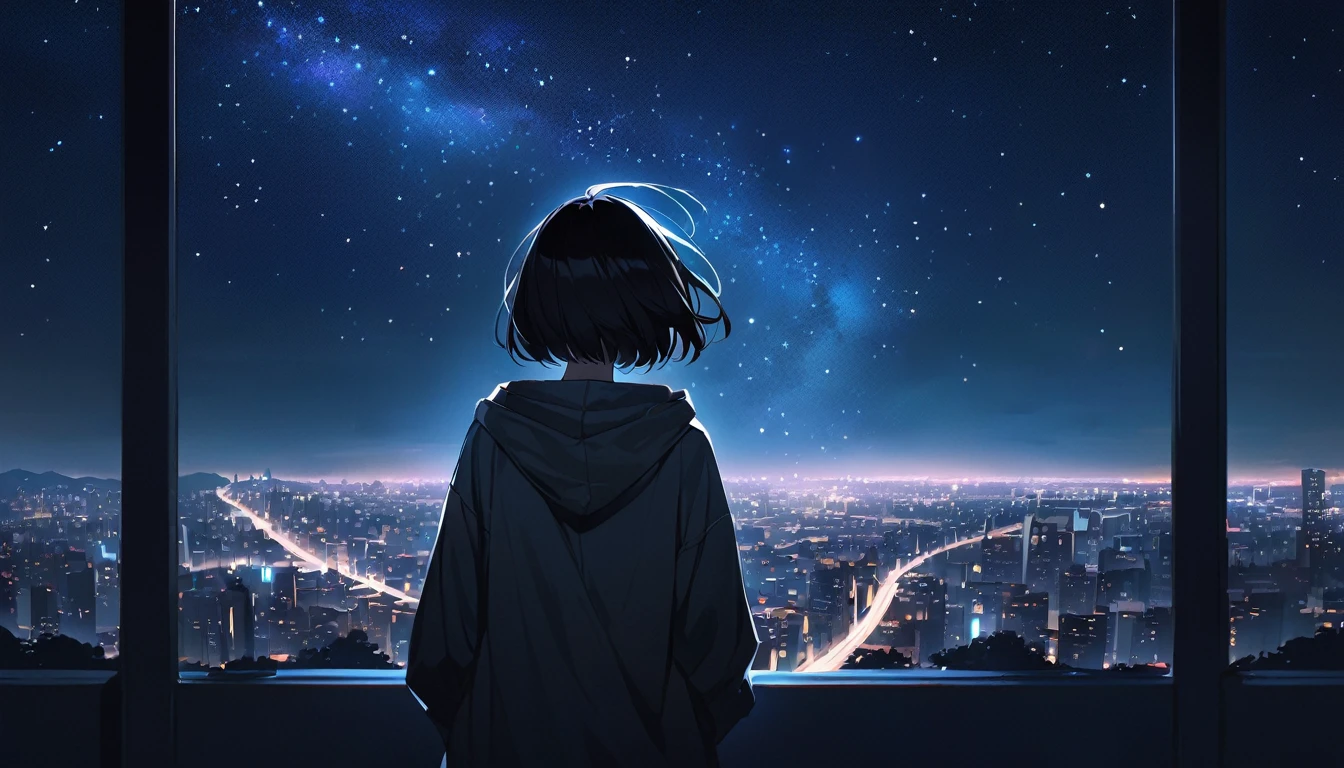 Starry Sky、One woman、Black Hair、Short Hair、Hair blowing in the wind、Wearing a hoodie、Back view、Full body portrait、Overlooking the city from afar