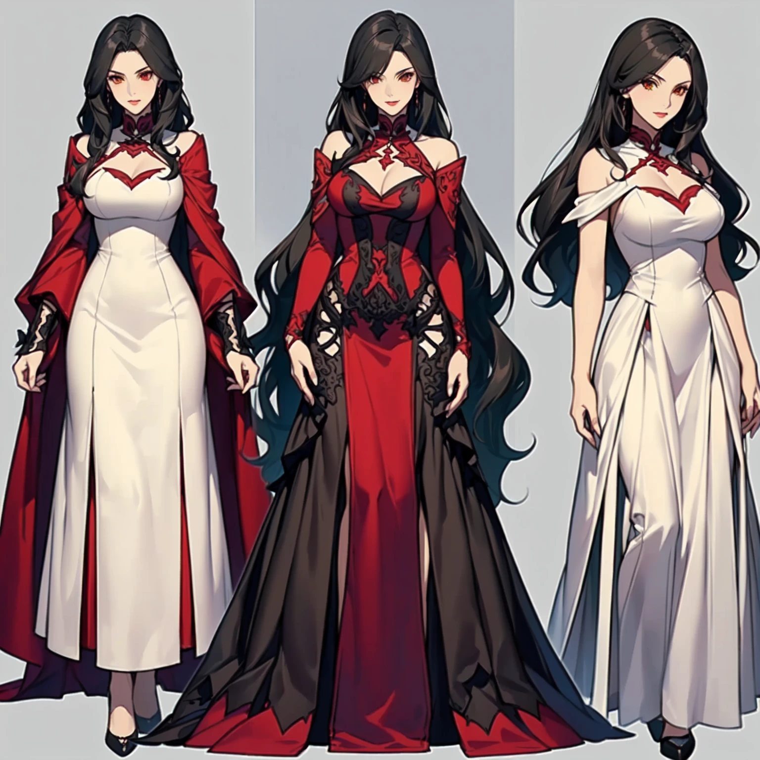 three different views of a woman in a long dress and a cape, Carmilla Vampira, vampire fashion, beautiful full-body concept art, ( ( concept character art ) ), full body xianxia, Rin Tohsaka, crimson clothes, cushart krenz arte chave feminino, crimson attire, royal attire akira, characters from azur lane, astral witch clothes