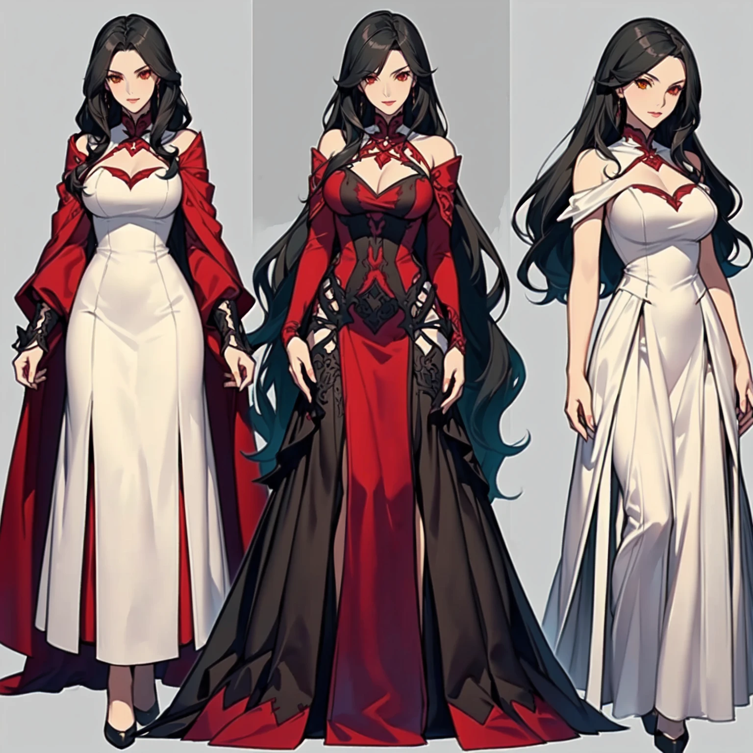 three different views of a woman in a long dress and a cape, Carmilla Vampira, vampire fashion, beautiful full-body concept art, ( ( concept character art ) ), full body xianxia, Rin Tohsaka, crimson clothes, cushart krenz arte chave feminino, crimson attire, royal attire akira, characters from azur lane, astral witch clothes