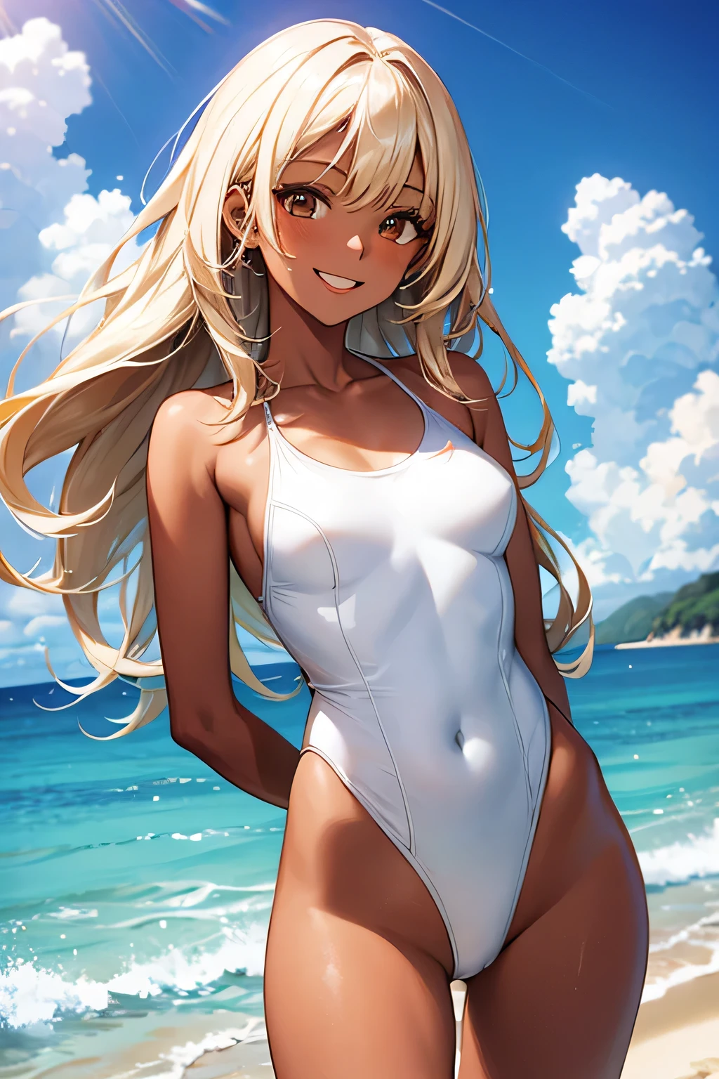 Ocean,Young Woman,The best smile,White swimsuit,Blonde,Chocolate brown skin