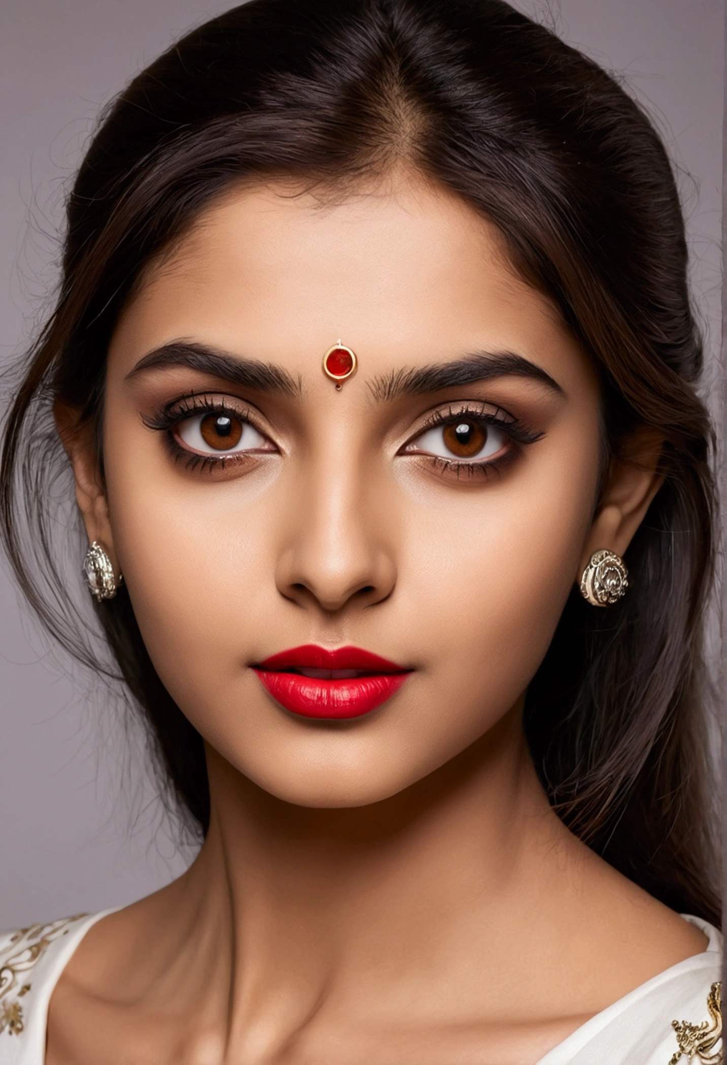 ((beautiful)+(attractive:0.9)+(sensual:0.8)) white indian women ((nerd:0.8)+(lovely)+(clean skin)) with hazel eyes and red lips. Medium brown hair, ((intense eyes))