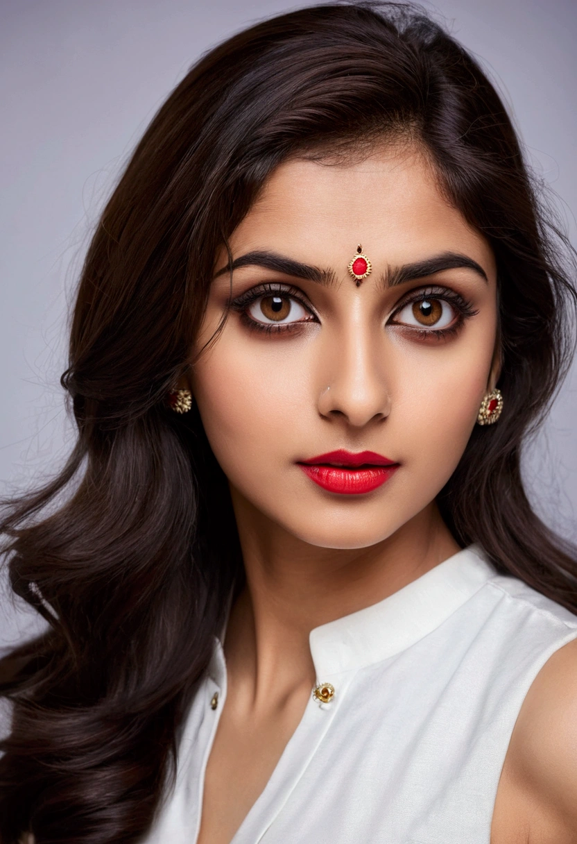 ((beautiful)+(attractive:0.9)+(sensual:0.8)) white indian women ((nerd:0.8)+(lovely)+(clean skin)) with hazel eyes and red lips. Medium brown hair, ((intense eyes))