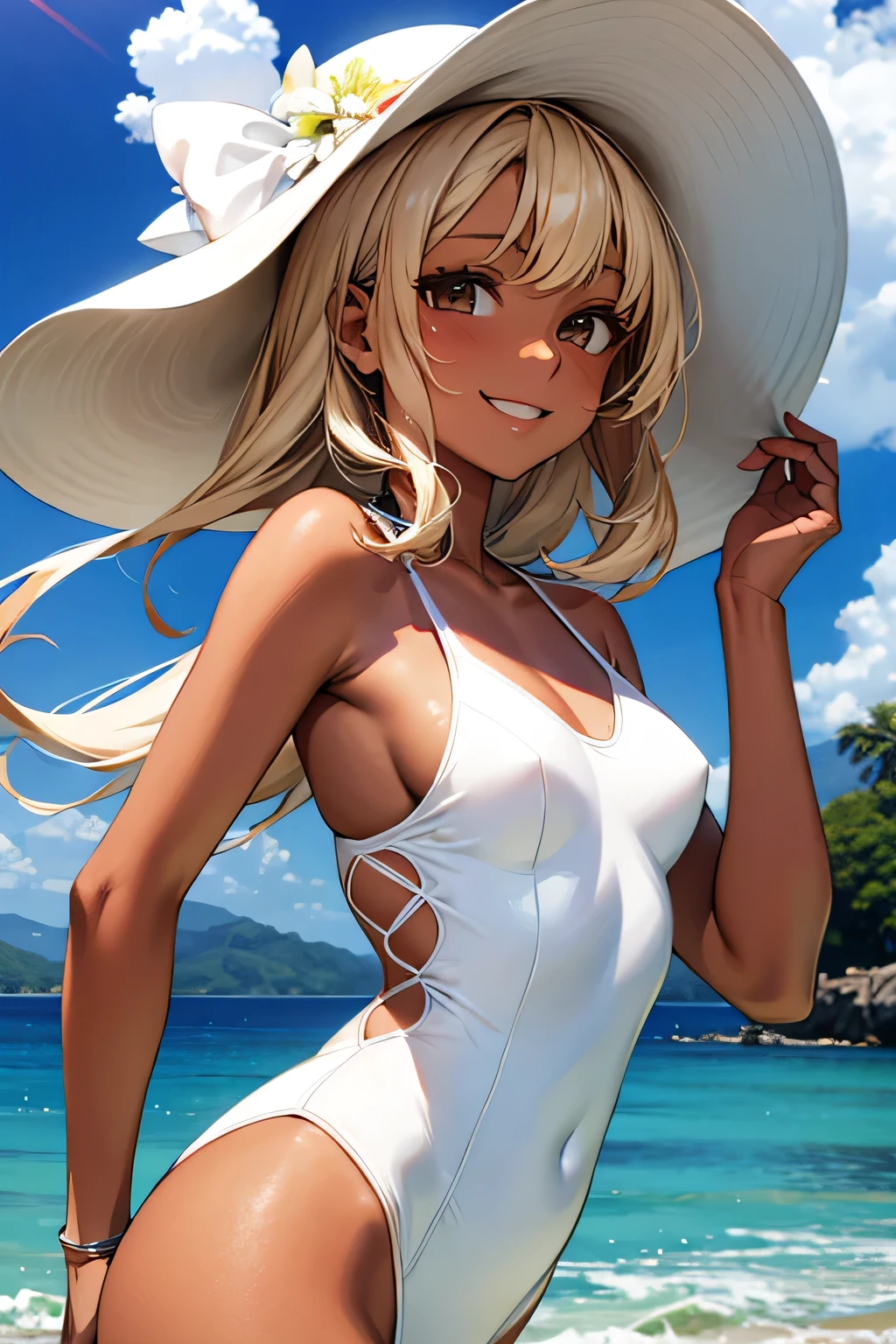 Ocean，Young Woman，The best smile，White swimsuit，Blonde，Chocolate brown skin