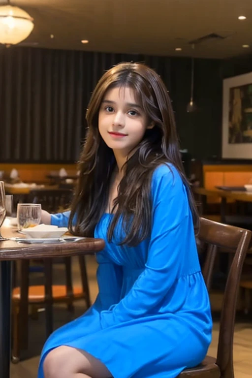 A young Indian girl with long dark hair and a blue dress, sitting at a table in an indoor setting that appears to be a restaurant or event space. She has a gentle expression on her face and is looking slightly away from the camera.