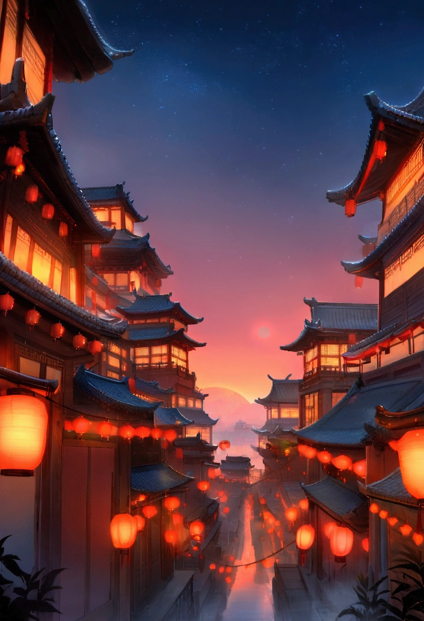 View of the sky, ancient chinese city, historic city, Chinese ancient infrastructure, evening, Firefly, red lantern, Poor visibility, stars in the sky, Sauces, 16k, ultra high definition, ultra detailed, Ultra mesmerising, solemn atmosphere, Dark Sky, night time, moon and stars
