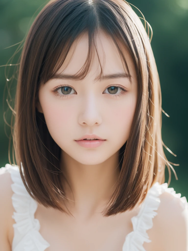 ((of the highest quality, 8K, masutepiece: 1.3)), Women (Full body portrait, front, multicolored frill dress, Big breasts, cleavage, In the Magic Mirror), Overhead camera, Sharp Focus: 1.2, prety woman: 1.4, ((girlish Hairstyle)), Highly detailed face and skin and hair texture, Detailed eyes, Double eyelids, White skin, beautiful delicate nose, Cute young Japan woman, 20 years old, while emphasizing the theme、pleasing to the eye、tome'thought-provoking composition., Eyes, Mouth and behavior, The contrast between light and shadow creates a unique sense of sadness...、Dynamic angle background blur