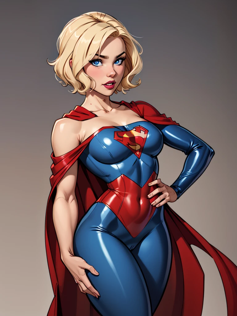 Hot blonde girl, with short hair, blue eyes, Wearing A blue hero costume, skin-tight latex body, wearing a red cape