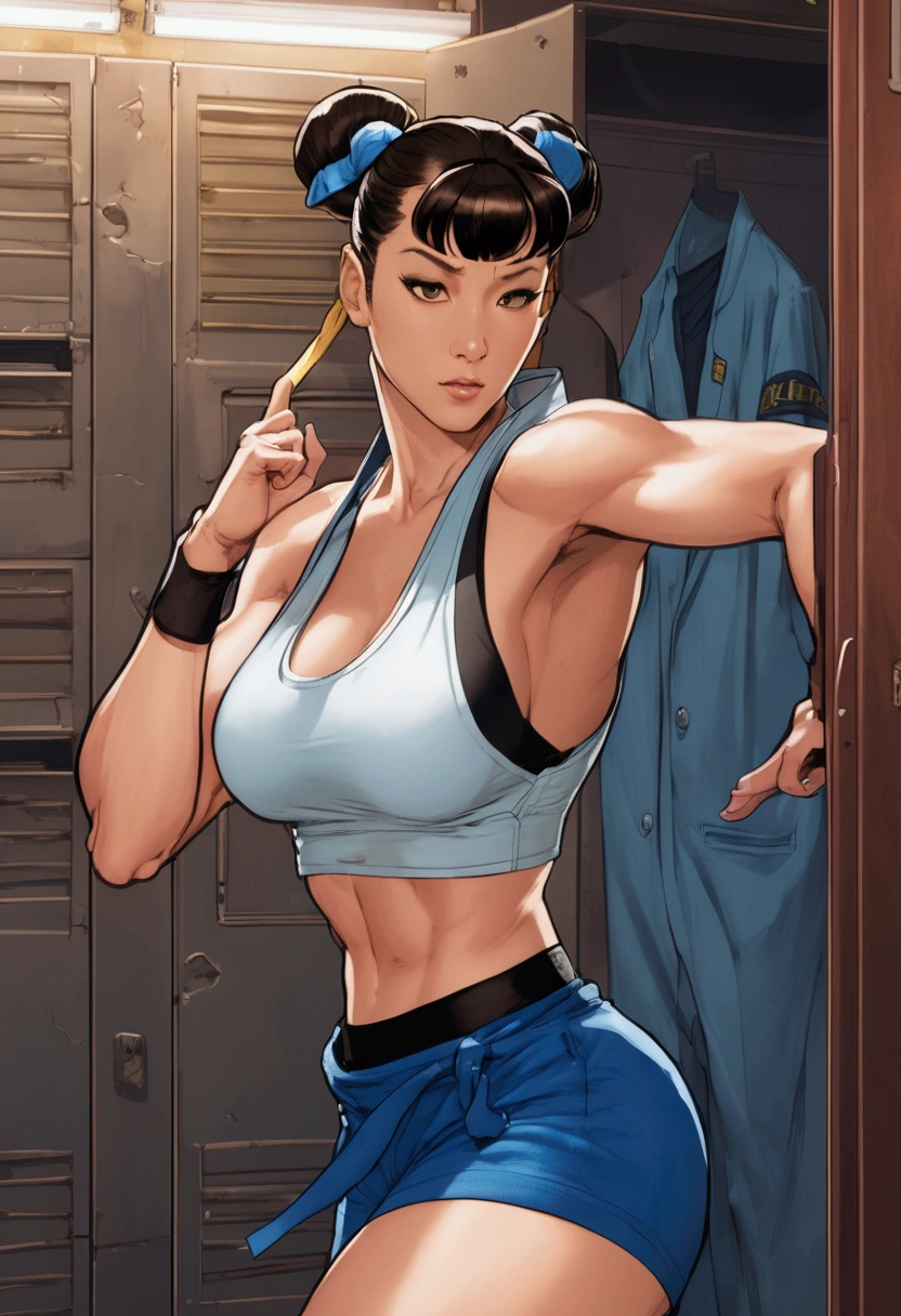 The character Chun-li from Street Fighters, inside a locker room, tired, noticed a large mirror in the corner of the room, dusty and covered in cracks. As he approached, he felt a chill run up his spine. Reflected in the mirror was not just her image, but a sinister figure behind her.".", her clothes blue shorts, a white tank top, her hair in two braids