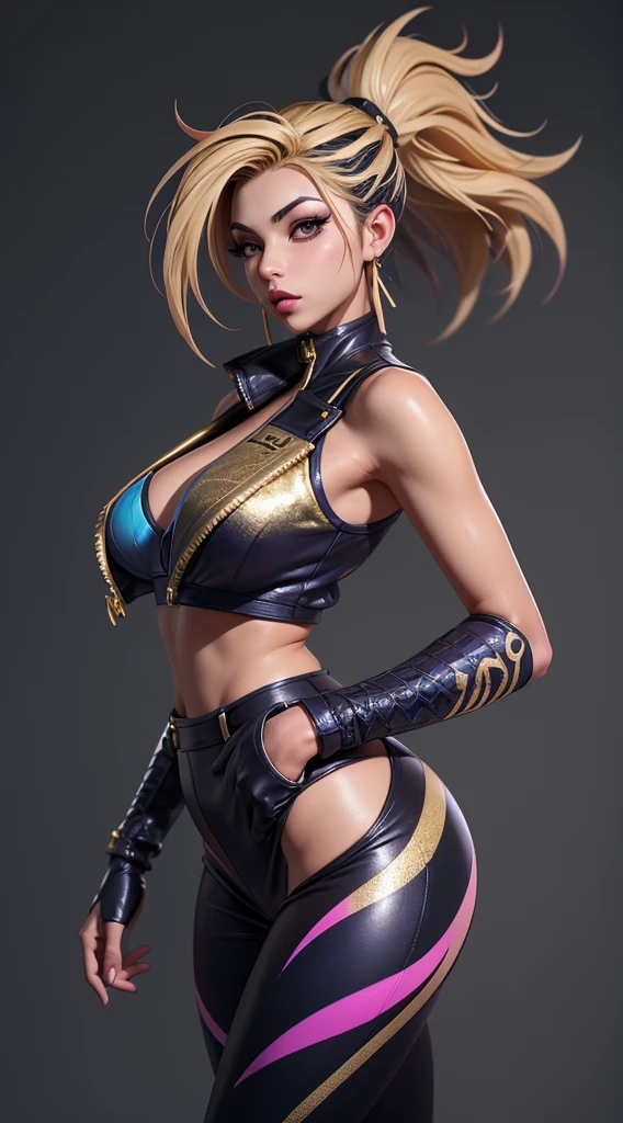 Kda akali, front view, big ass, perfect breast, beautiful, sexy, slim, cute, highly detailed, deep focused image, realistic full-lenght photo, sexy gold jumpsuit, skids