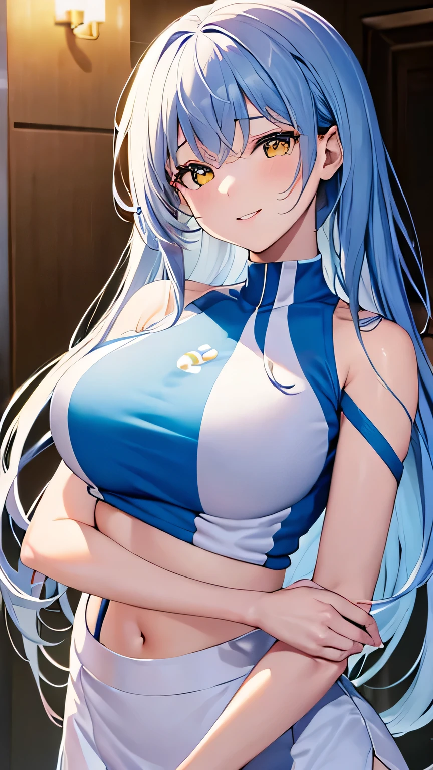 Highest quality, Soft Light, Ultra-high resolution,People Girls, alone, sexy, (A shy smile), (Yellow Eyes), Beautiful face in every detail,(High resolution detail of human skin texture), (Side Tail),Blue sportswear,White tennis skirt,Black spats,Spread your arms out to the sides,（Sweat:1.2）,（masterpiece:1.3）,（Realistic:1.2）,（Open your mouth:1.1）,Detailed eyes