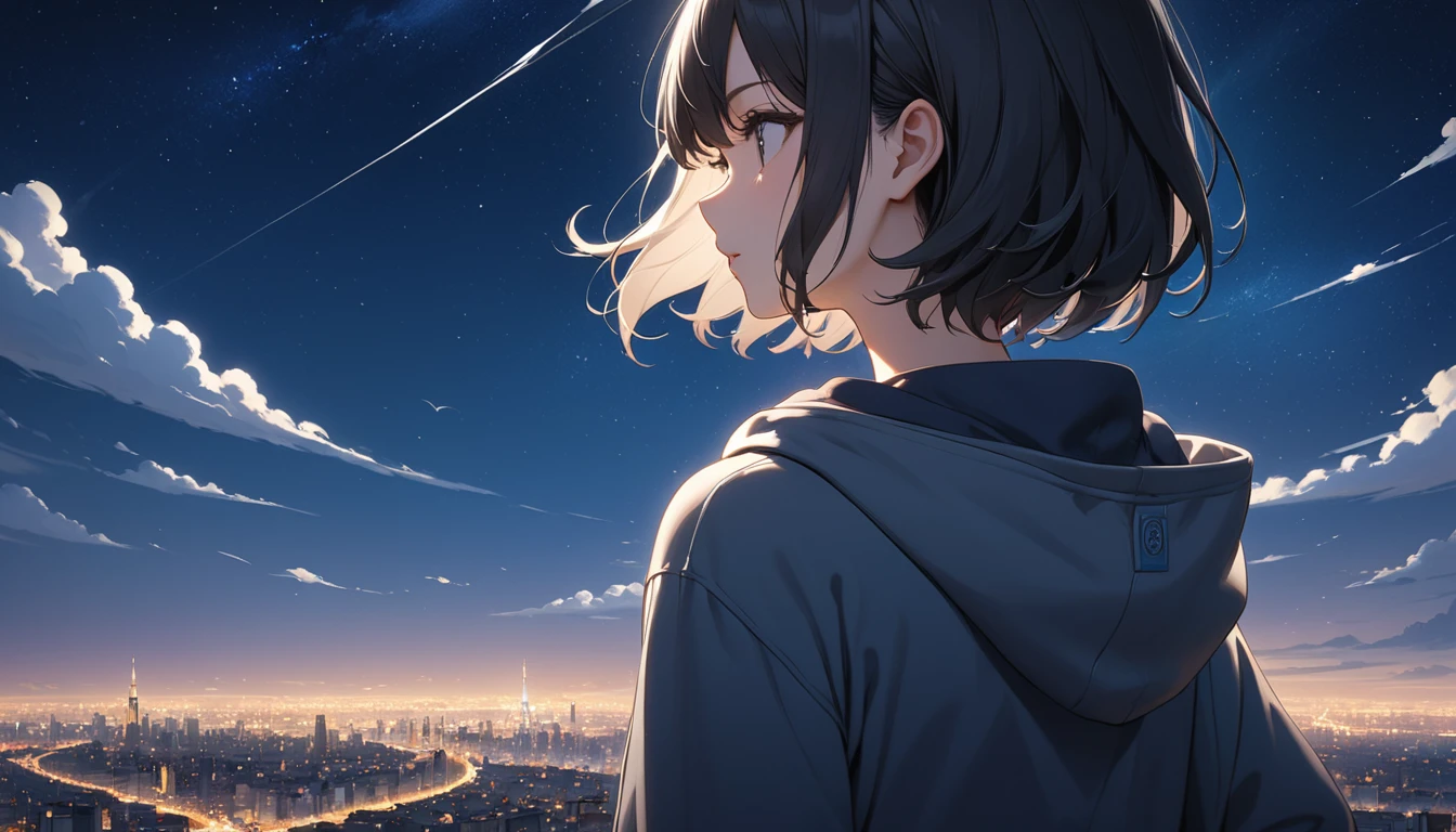 Starry Sky、One woman、Black Hair、Short Hair、Hair blowing in the wind、Wearing a hoodie、Back view、Full body portrait、Overlooking the city from afar