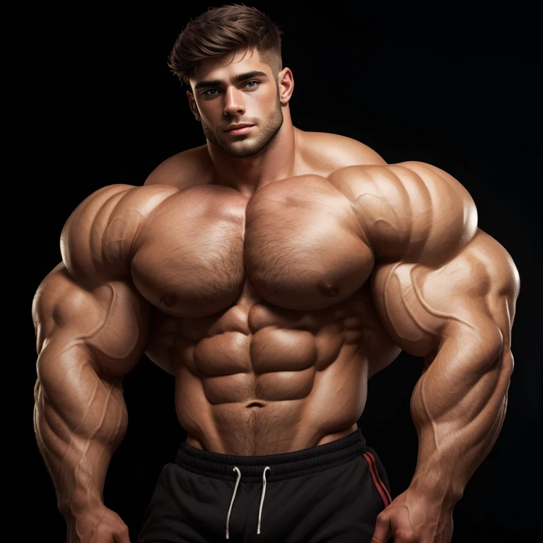 a very handsome young man, with a very handsome and extremely beautiful face, very handsome guy, massively muscular, massively large muscles, shirtless, on a black background