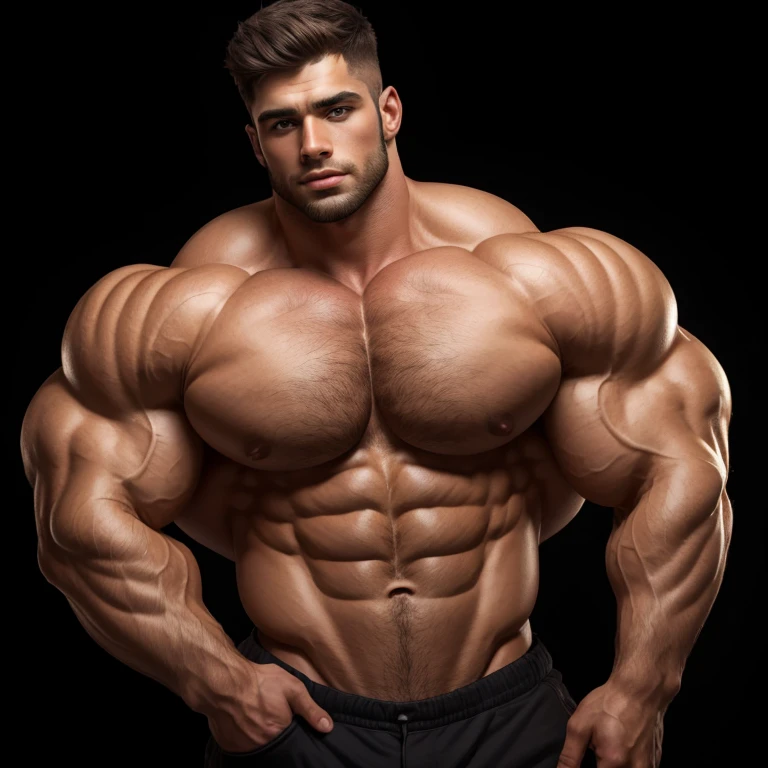 a very handsome young man, with a very handsome and extremely beautiful face, very handsome guy, massively muscular, massively large muscles, shirtless, on a black background