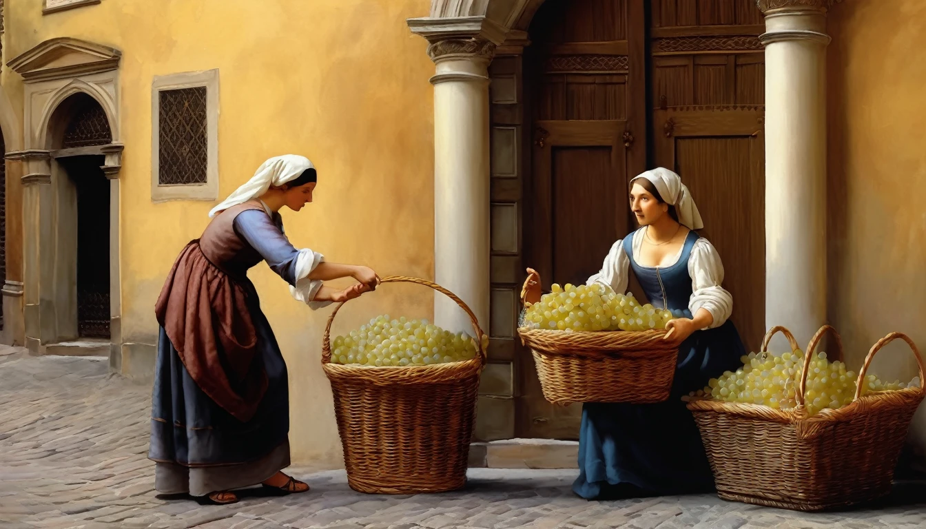 A picture depicting a street artist paints a peasant woman, with a basket full of grapes, on one of the streets of Florence in 1524. renaissance digital painting, in a renaissance style, in the high renaissance style, живопись in a renaissance style, in a renaissance style, based on Filippino Lippi, в Carlo People, In the style of da Vinci, Renaissance painting style, Realistic portrait of the Renaissance, Renaissance Art style, Renaissance oil painting, Renaissance Art