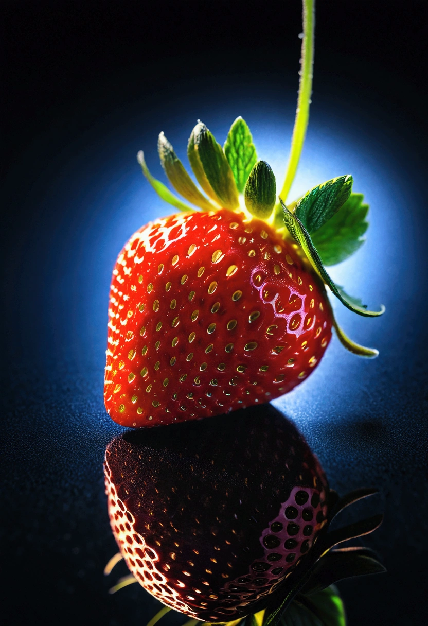 A Strawberry, by Miki Asai, cinematic still, chiaroscuro, dynamic, (best quality, masterpiece, photorealistic), very aesthetic, perfect composition, intricate details, ultra-detailed, vivid colors