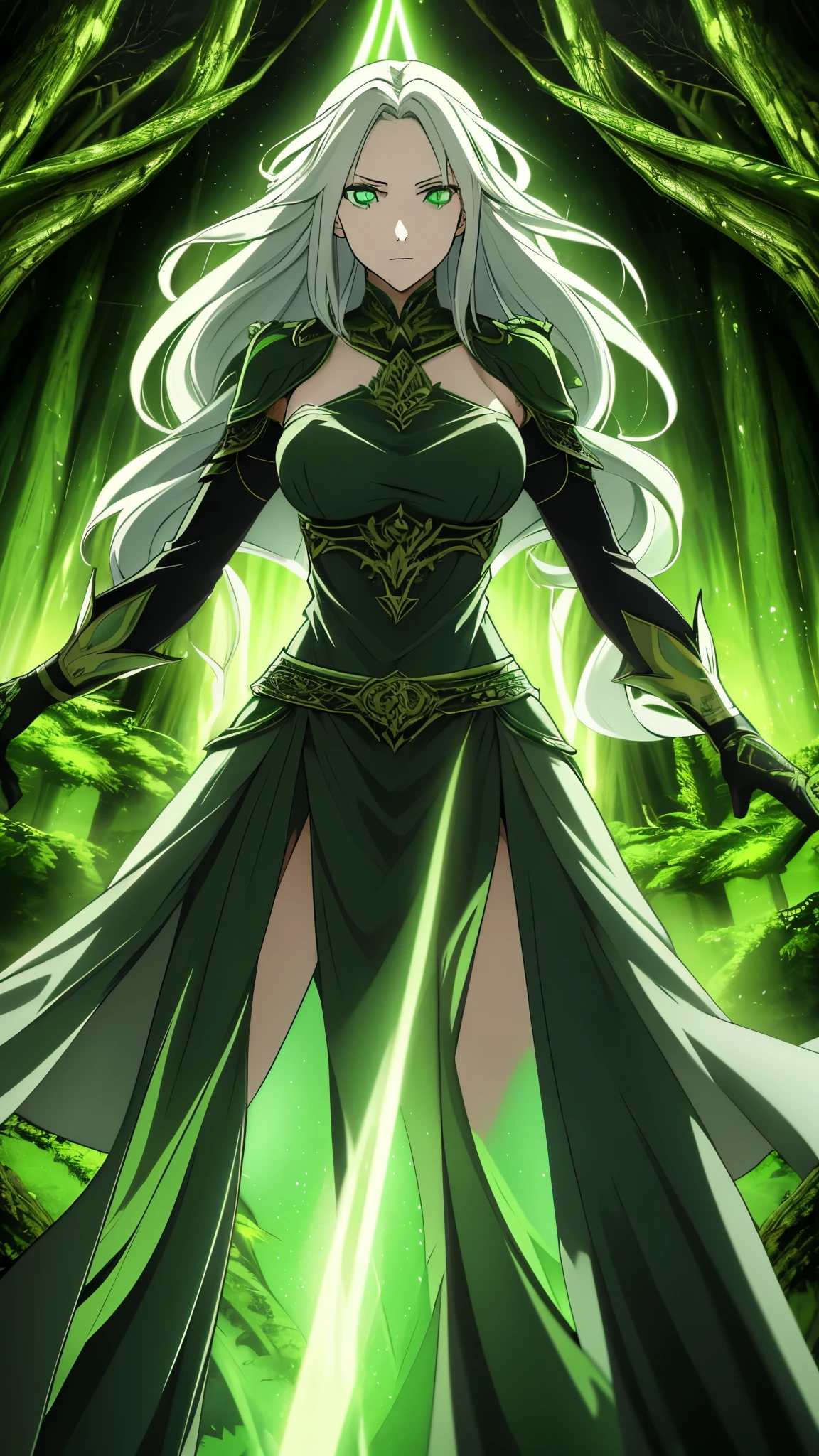 "Illustrate Elara, the Forest Queen, standing fiercely in the midst of a chaotic battlefield. She has large flowing white hair that cascades around her, and her striking green eyes glow with determination. Elara is adorned in elegant, nature-inspired armor made of leaves and vines, symbolizing her connection to the forest. She is casting powerful magic, with vibrant green energy swirling around her hands, forming protective barriers and summoning nature’s wrath against dark forces. The background should depict a tumultuous scene of dark creatures and ominous clouds, contrasting with the vibrant energy she radiates, showcasing her role as a protector of the forest, she has beautiful hand and beautiful eyes. they have beautiful faces and beautiful eyes''