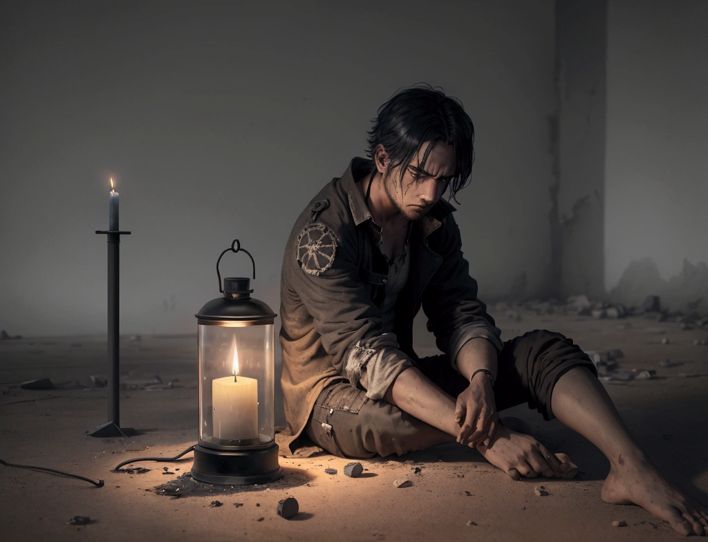 "Create a dramatic image of Job sitting on the floor, alone around dark clouds, with torn clothes and an expression of deep despair on his face. The surrounding environment must be a desolate desert, without vegetation, with a cloudy and dark sky. Lighting should be minimal, with deep shadows that enhance the atmosphere of darkness and abandonment. Add an unlit lamp or candle next to Job, symbolizing lack of hope, and scatter ashes around you. Include markings on the ground around Job to emphasize his state of suffering and internal struggle.  
