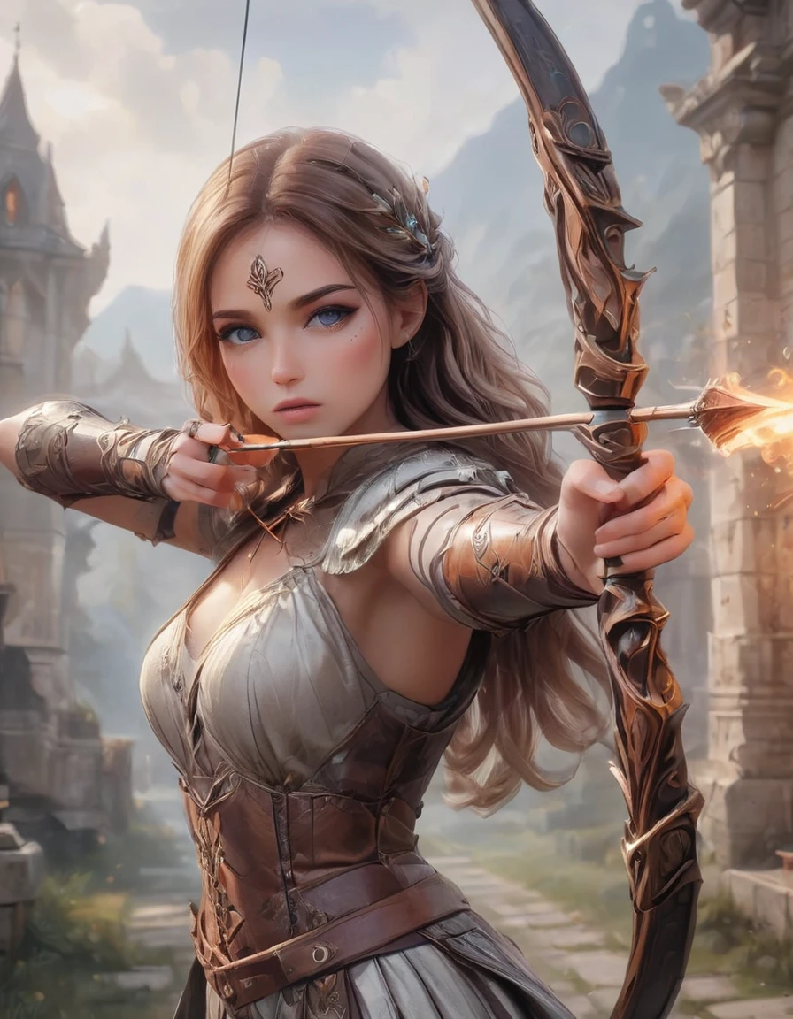 Female archer shooting a bow, aim, longbow , 用弓aim, delicate expression, perfect hands(Five fingers), beautiful hair, shiny hair, beautiful skin, Detailed face and eyes, glossy lips, medieval fantasy, Dramatic的燈光, Film composition, Dramatic的姿勢, medieval armor, intricate details, Dramatic的氣氛, Moody lights, epic fantasy, Very detailed, cinematic, Dramatic, robust, strong, (best quality:1.2, Very detailed, up-to-date, Energetic, Ultra-high resolution, High contrast, masterpiece:1.2, best quality, best aesthetics),