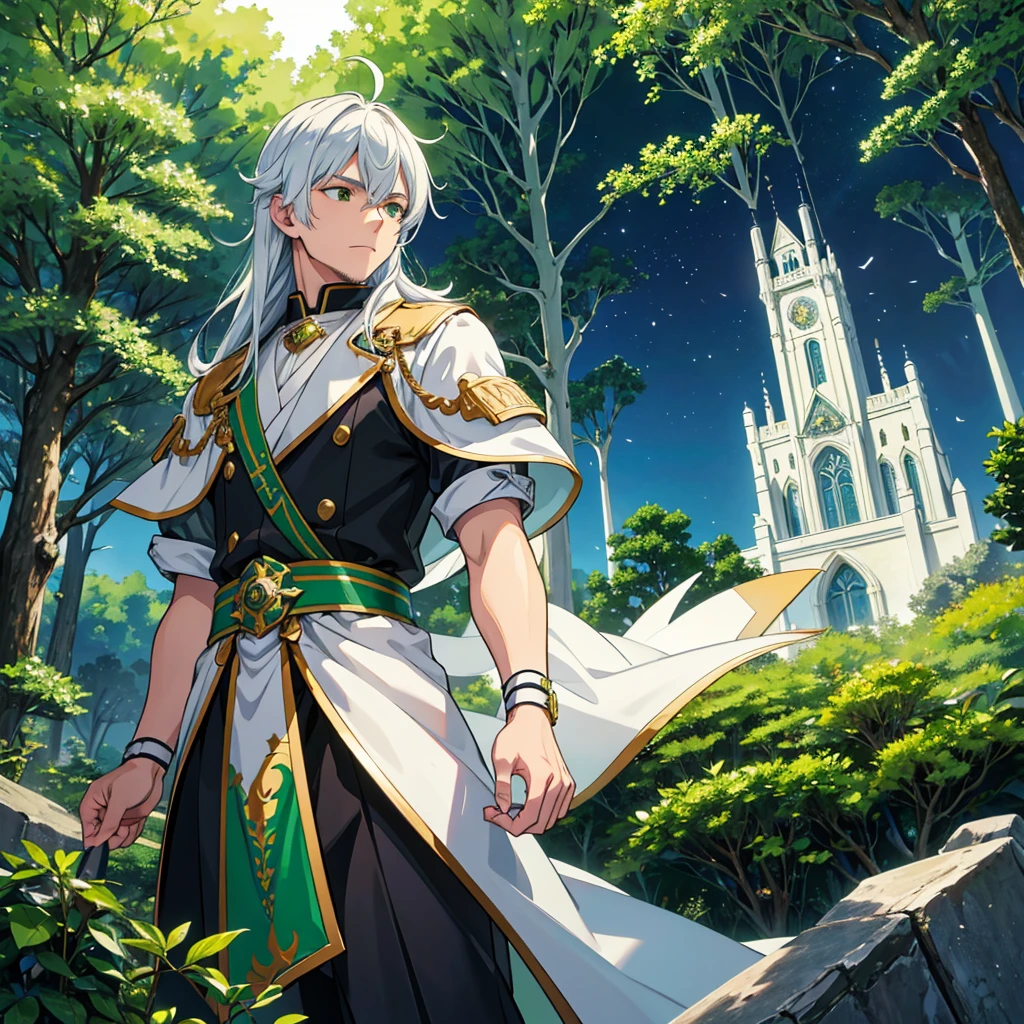 Front view of the upper body. Anime style.,
young men,
long white hair,
short white goat beard,
green armor,
Green coat,
Wrapped in green light in the forest,
Slowly opening his hand, green energy spread out tentatively into the surrounding area. moving slowly,
There is a shadow of a pure spirit beside me. and dark background stressful environment Battlefield fire scene inside Soul Master Academy, the university's martial arts arena.,
European style architecture,
Shrek Academy campus view inside Soul Master Academy, the university's martial arts arena.,
European style architecture,
perfect details, Full color,
Chinese Anime Style 8K Image Quality 00003