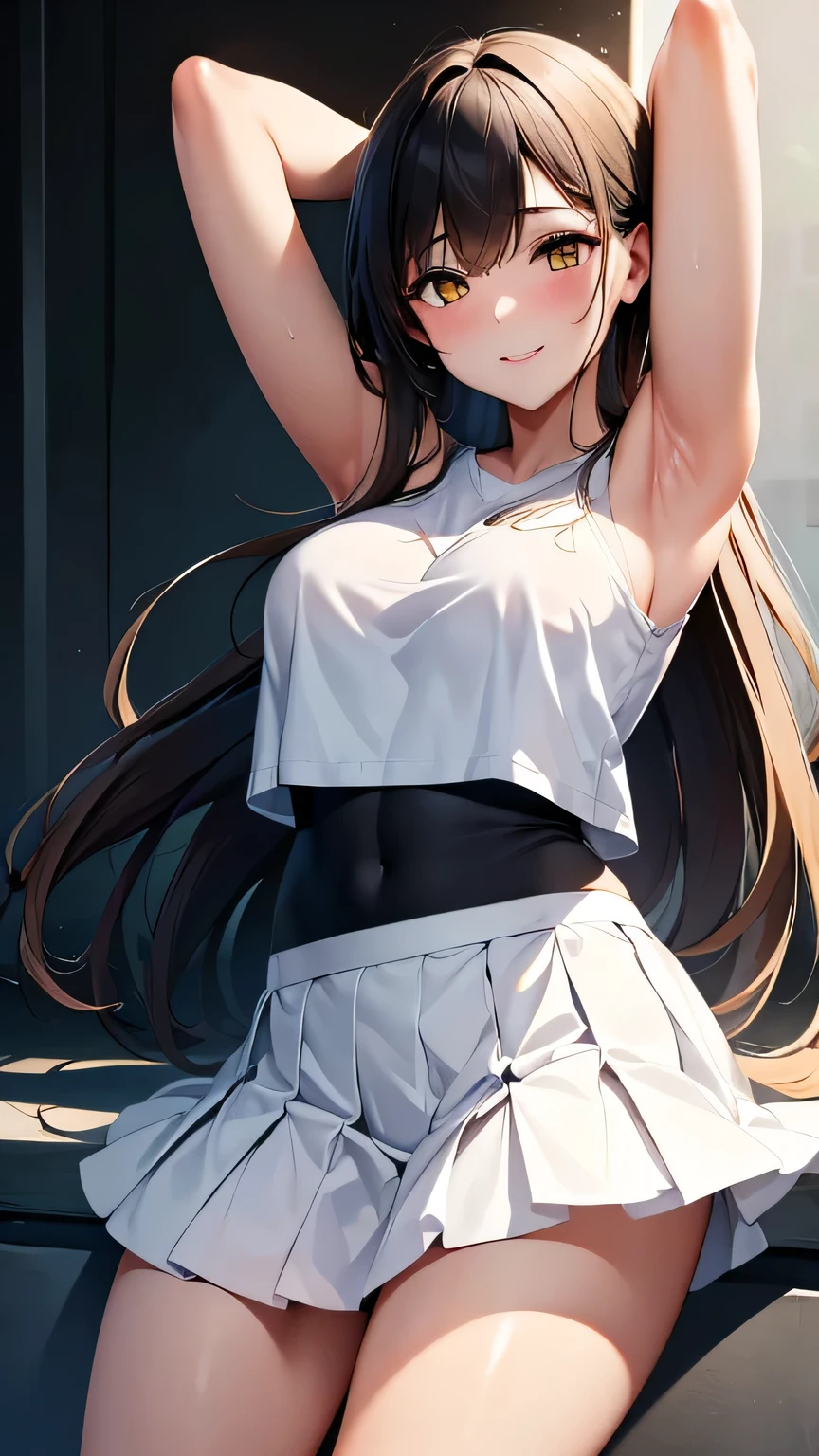 Highest quality, Soft Light, Ultra-high resolution,People Girls, alone, sexy, (A shy smile), (Yellow Eyes), Beautiful face in every detail,(High resolution detail of human skin texture), (Side Tail),Blue sportswear,White tennis skirt,Black spats,Spread your arms out to the sides,(Sweat:1.2),(masterpiece:1.3),(Realistic:1.2),(Open your mouth:1.1),Detailed eyes