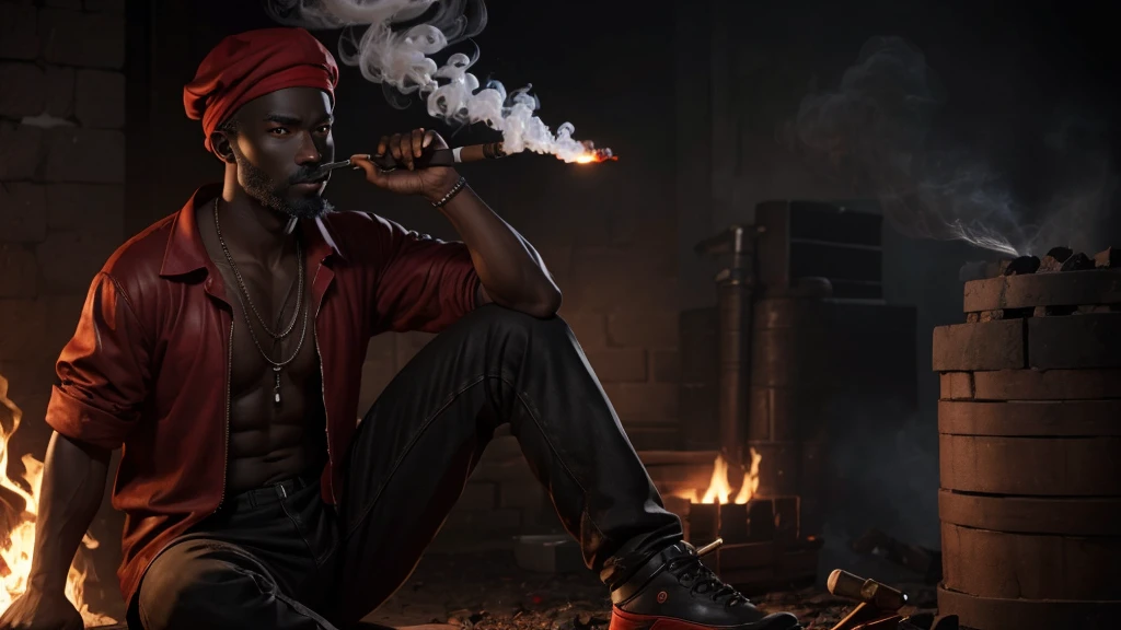man, coal black skin, eyes like embers, one leg, smoking pipe, red cap, ultra realistic, high resolution, high quality, high resolution, ultra realistic, 8k realistic