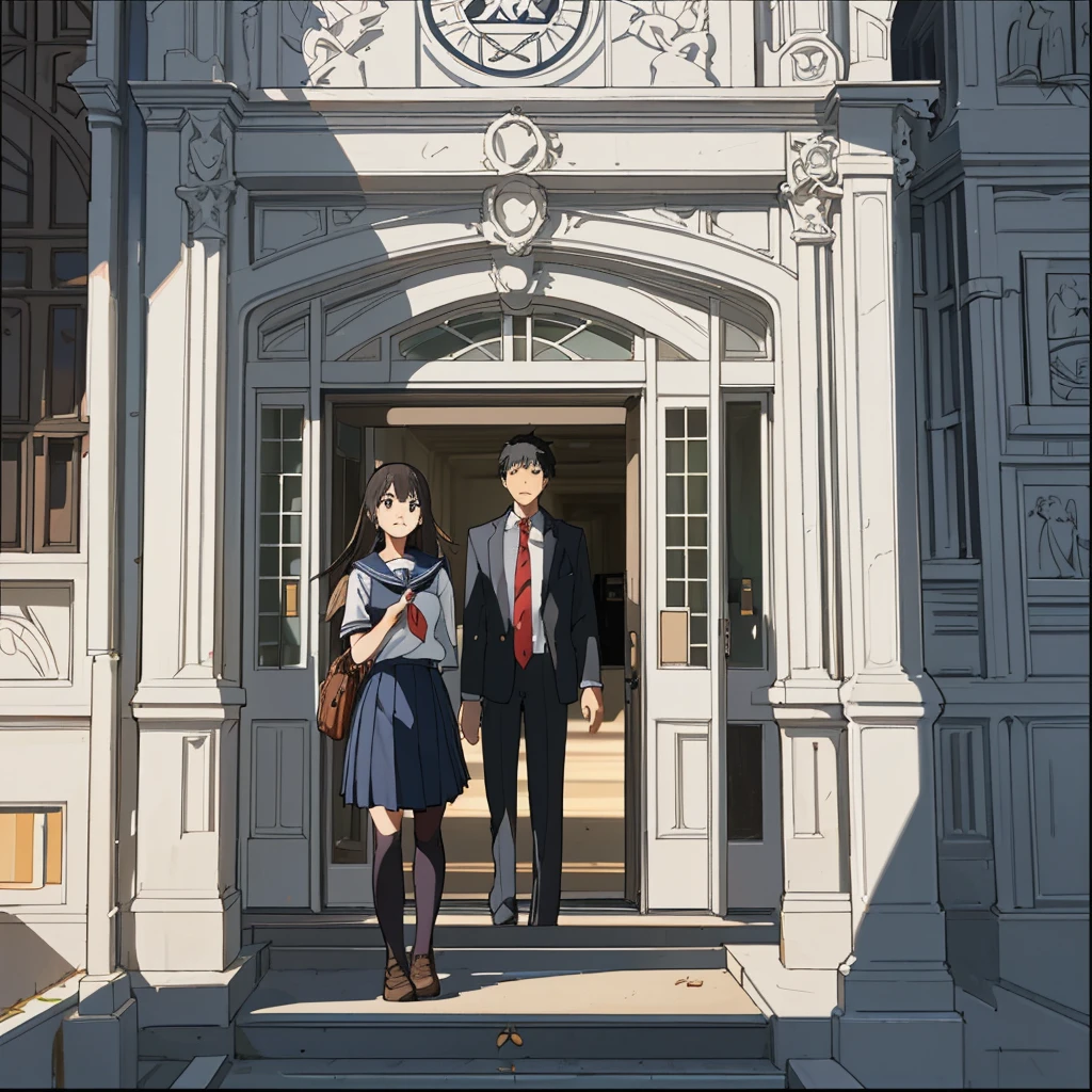 School, some students in the background at the school entrance, a front door, without realism