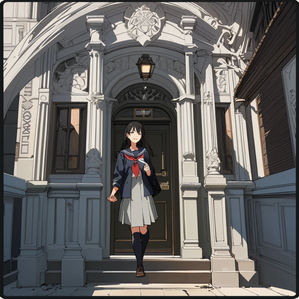 School, some students in the background at the school entrance, a front door, without realism