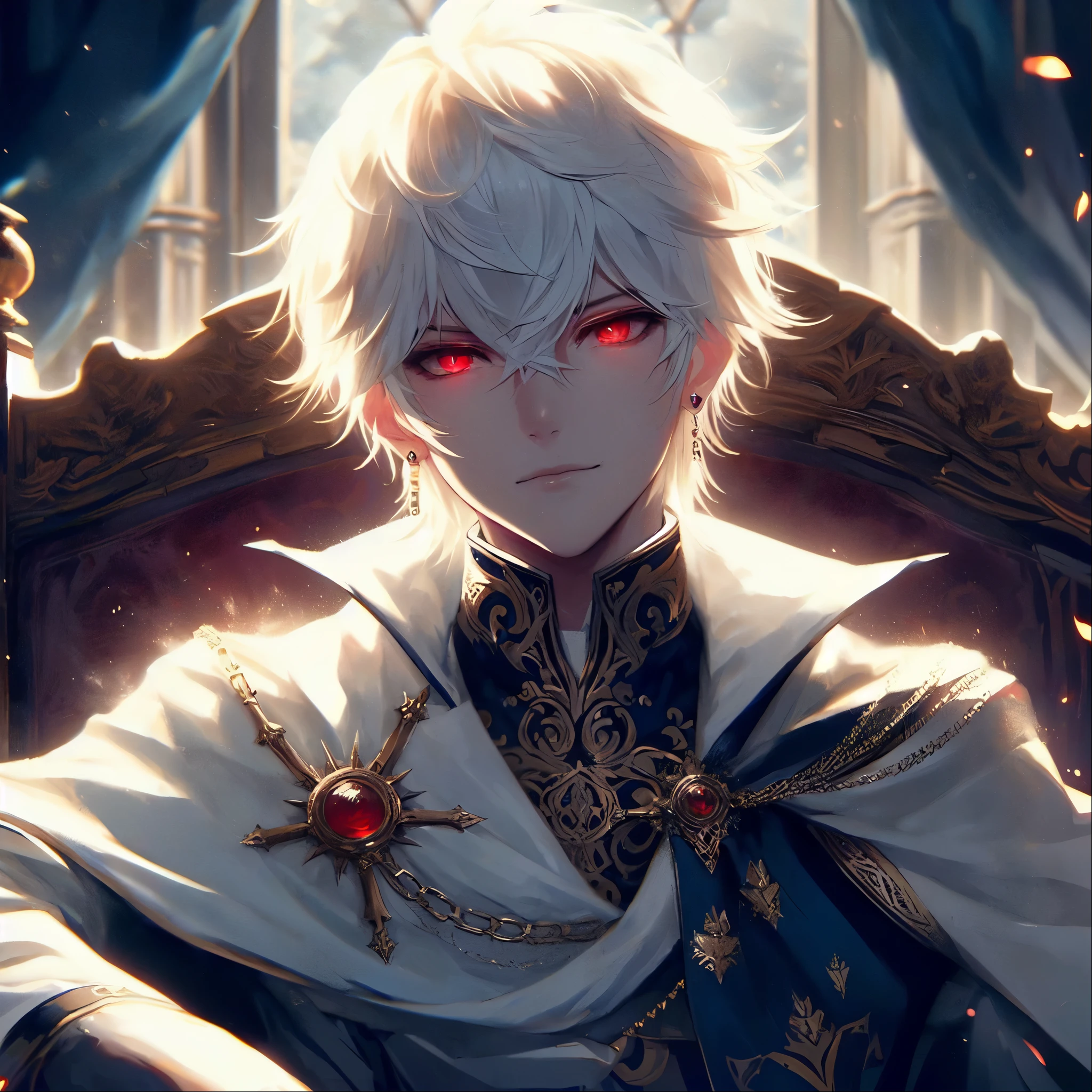 anime, A white-haired, red-eyed man was sitting on a chair., Portrait of a magical blond prince, beautiful androgynous prince, best anime 4k konachan wallpaper, The delicate androgynous prince, detailed digital anime art, Handsome young man in the art of defeating demons, genshin, 4k anime wallpaper, anime art wallpaper 8 k, anime art wallpaper 4k