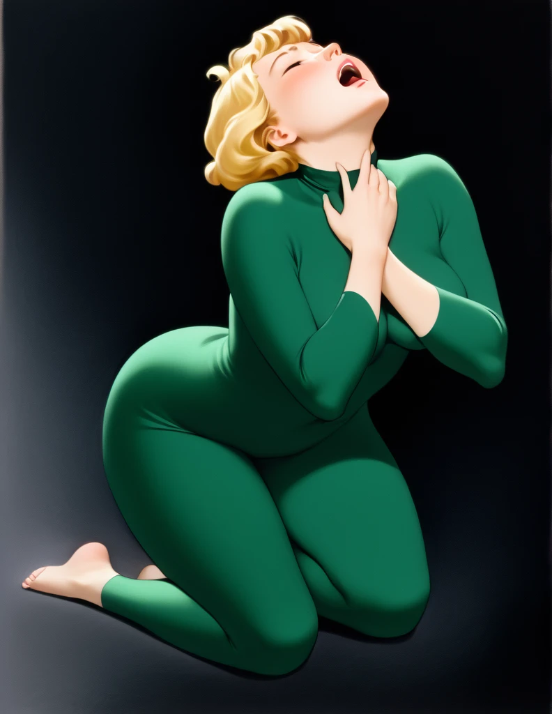 Oil painted slightly chubby white woman. Her face  also slightly chubby. Her body  floating in space .She  wearing a dark green body suit.. She has short blonde hair. She has her mouth open breathing heavily, she puts both her hands on her neck as if she choking and can’t breathe . She  on the verge of death. She  grabbing her neck. Full body view. Bare foot.