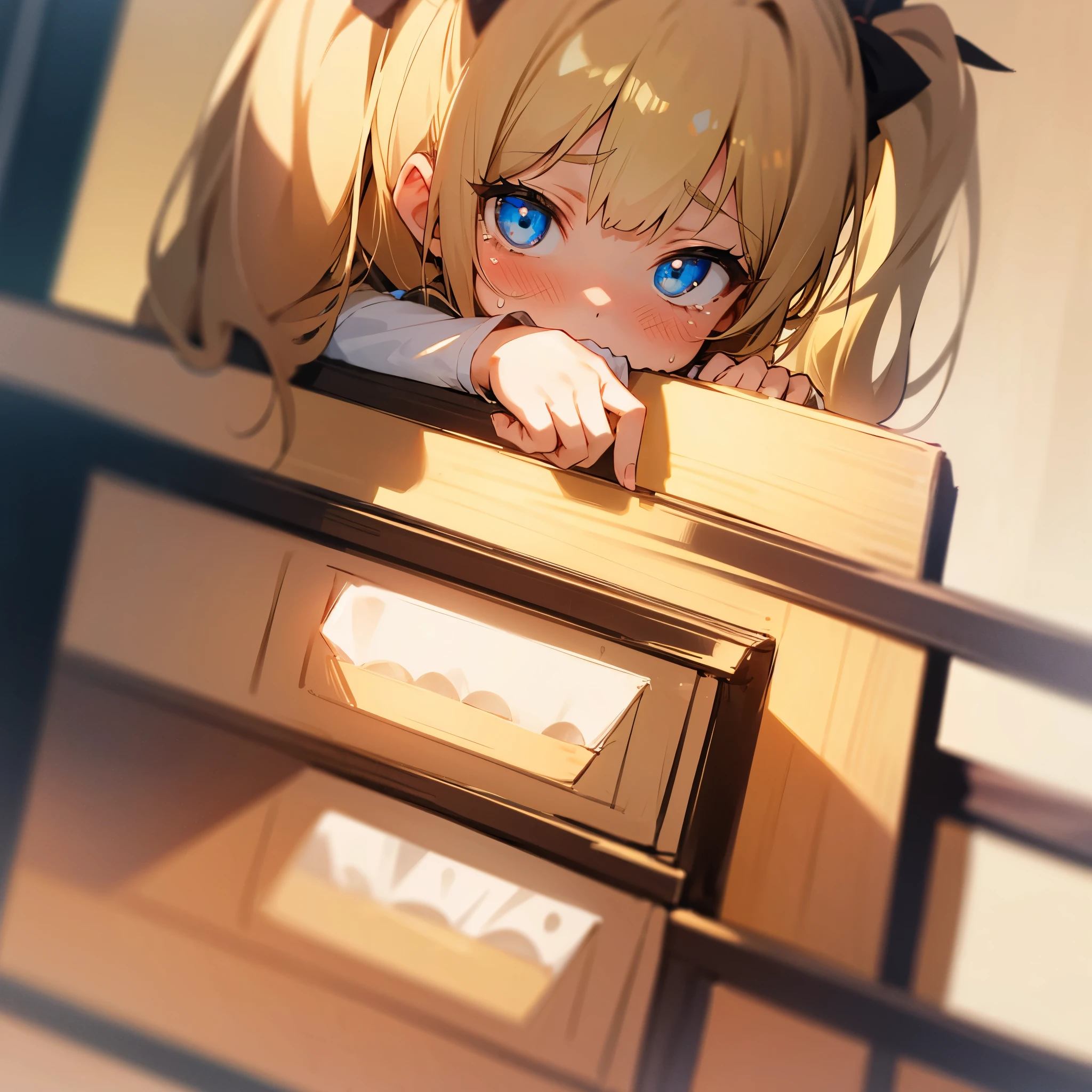 One girl, Blonde, ribbon, Twin tails,Gaze, Light blush, I want to cry, Anime Style, Food, Young Girl,Shy, cute,,Constraints