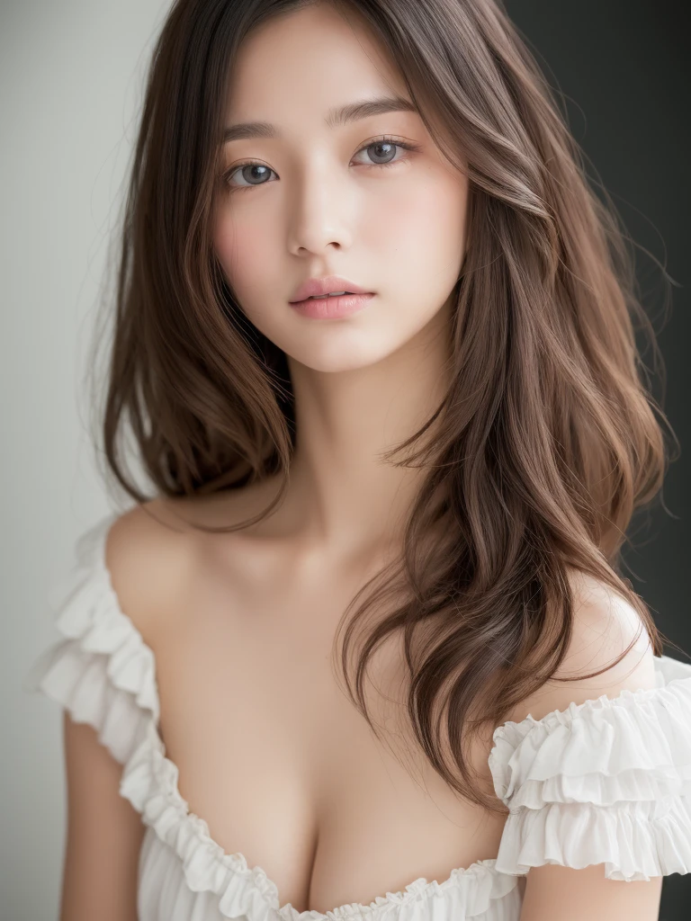 ((of the highest quality, 8K, masutepiece: 1.3)), Women (Full body portrait, front, multicolored frill offshoulder dress, Big breasts, cleavage, In the Magic Mirror), Overhead camera, Sharp Focus: 1.2, prety woman: 1.4, ((girlish Hairstyle)), Highly detailed face and skin and hair texture, Detailed eyes, Double eyelids, White skin, beautiful delicate nose, Cute young Japan woman, 20 years old, while emphasizing the theme、pleasing to the eye、tome'thought-provoking composition., Eyes, Mouth and behavior, The contrast between light and shadow creates a unique sense of sadness...、Dynamic angle background blur