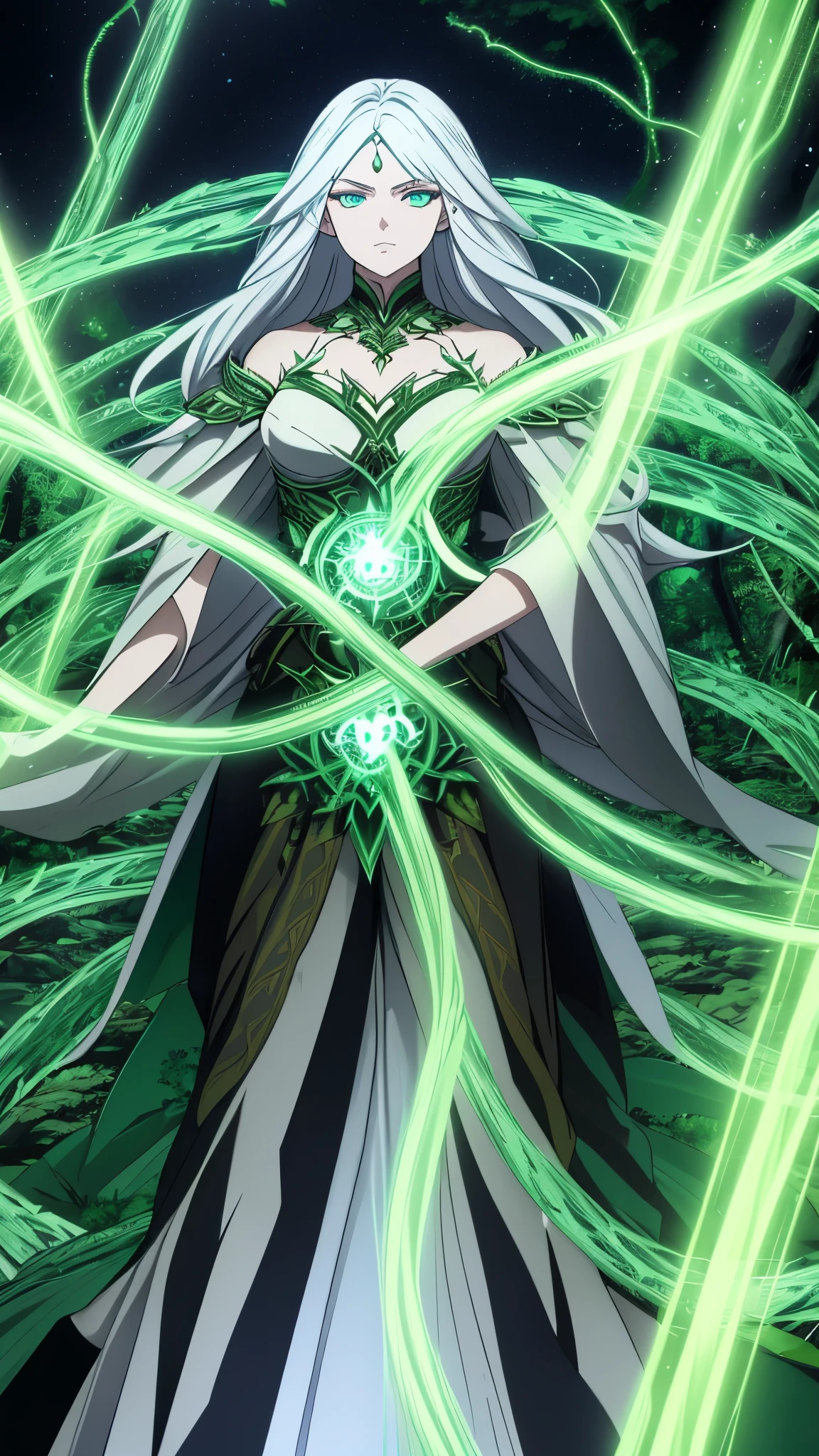 "Illustrate Elara, the Forest Queen, standing fiercely in the midst of a chaotic battlefield. She has large flowing white hair that cascades around her, and her striking green eyes glow with determination. Elara is adorned in elegant, nature-inspired armor made of leaves and vines, symbolizing her connection to the forest. She is casting powerful magic, with vibrant green energy swirling around her hands, forming protective barriers and summoning nature’s wrath against dark forces. The background should depict a tumultuous scene of dark creatures and ominous clouds, contrasting with the vibrant energy she radiates, showcasing her role as a protector of the forest, she has beautiful hand and beautiful eyes. they have beautiful faces and beautiful eyes''