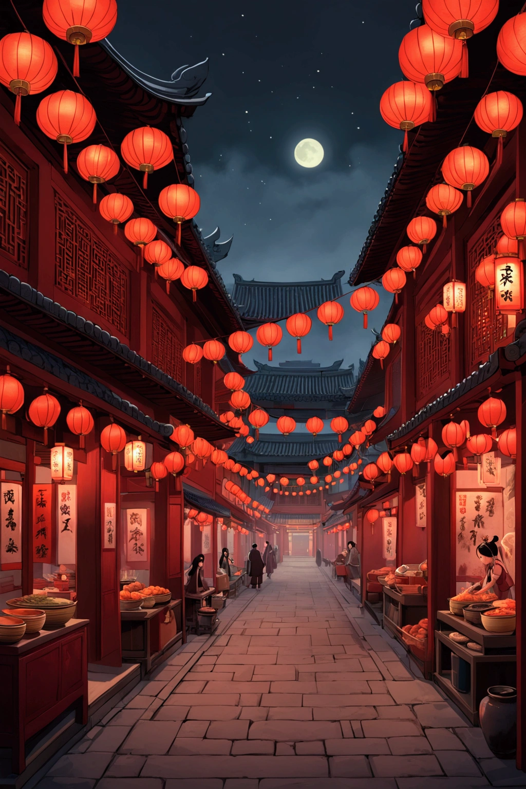 best quality Ancient China Red light district, solemn atmosphere, spooky atmosphere, Chinese street market, ancient China, night market, red lanterns, chinese temple