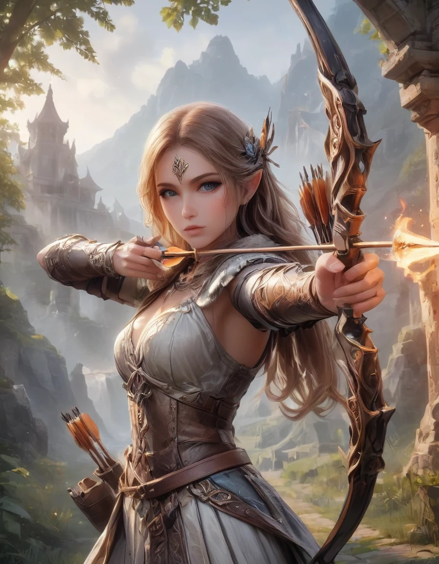 Female archer shooting a bow, aim, longbow , 用弓aim, delicate expression, perfect hands(Five fingers), beautiful hair, shiny hair, beautiful skin, Detailed face and eyes, glossy lips, medieval fantasy, Dramatic的燈光, Film composition, Dramatic的姿勢, medieval armor, intricate details, Dramatic的氣氛, Moody lights, epic fantasy, Very detailed, cinematic, Dramatic, robust, strong, (best quality:1.2, Very detailed, up-to-date, Energetic, Ultra-high resolution, High contrast, masterpiece:1.2, best quality, best aesthetics),
