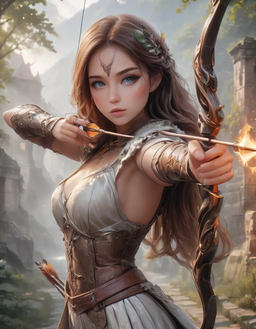 Female archer shooting a bow, aim, longbow , 用弓aim, delicate expression, perfect hands(Five fingers), beautiful hair, shiny hair, beautiful skin, Detailed face and eyes, glossy lips, medieval fantasy, Dramatic的燈光, Film composition, Dramatic的姿勢, medieval armor, intricate details, Dramatic的氣氛, Moody lights, epic fantasy, Very detailed, cinematic, Dramatic, robust, strong, (best quality:1.2, Very detailed, up-to-date, Energetic, Ultra-high resolution, High contrast, masterpiece:1.2, best quality, best aesthetics),
