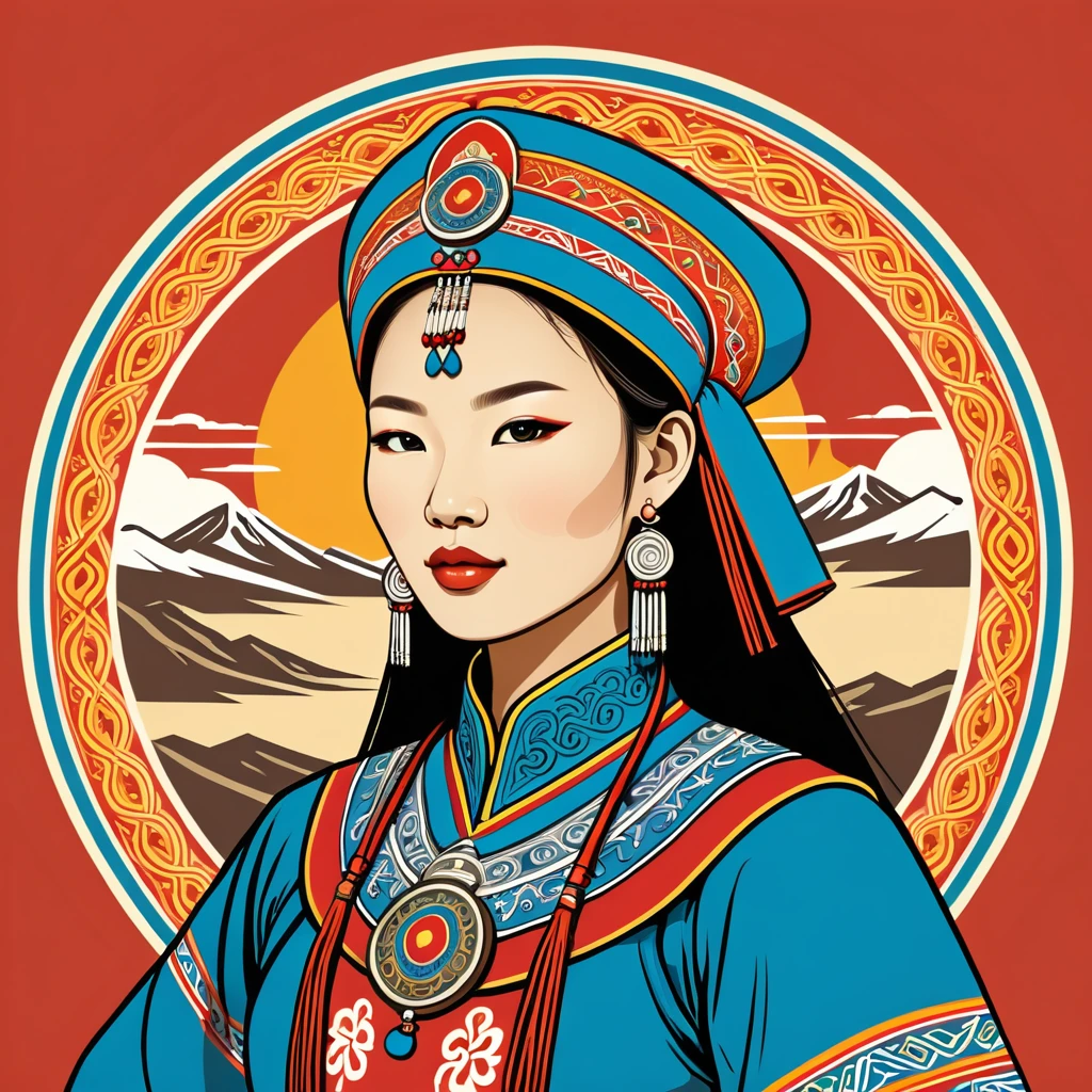woman in mongolia folk outfit, vector graphics, strong contours, logo design
